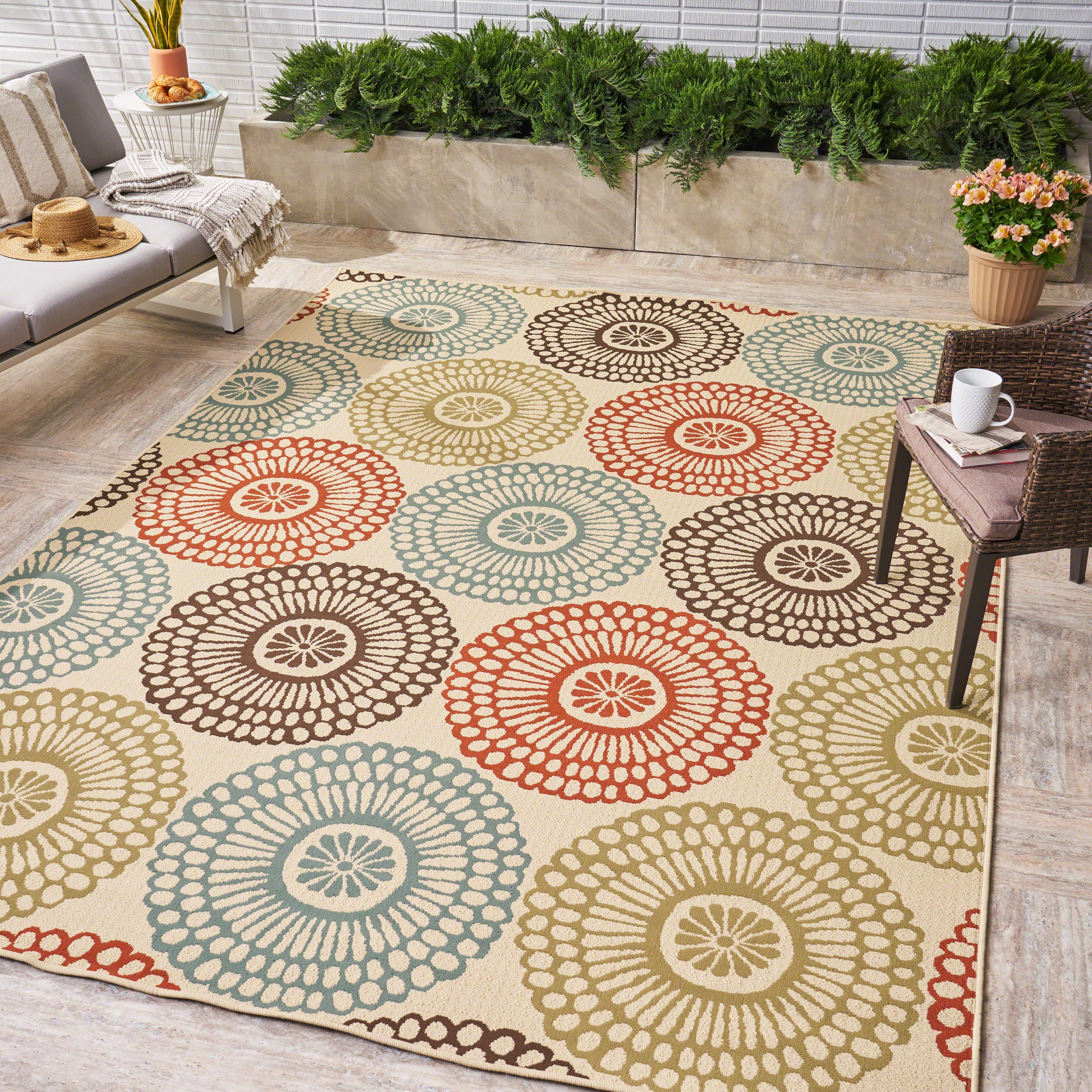 Pine Indoor/Outdoor Floral Area Rug, Beige and Multicolored - furnishings