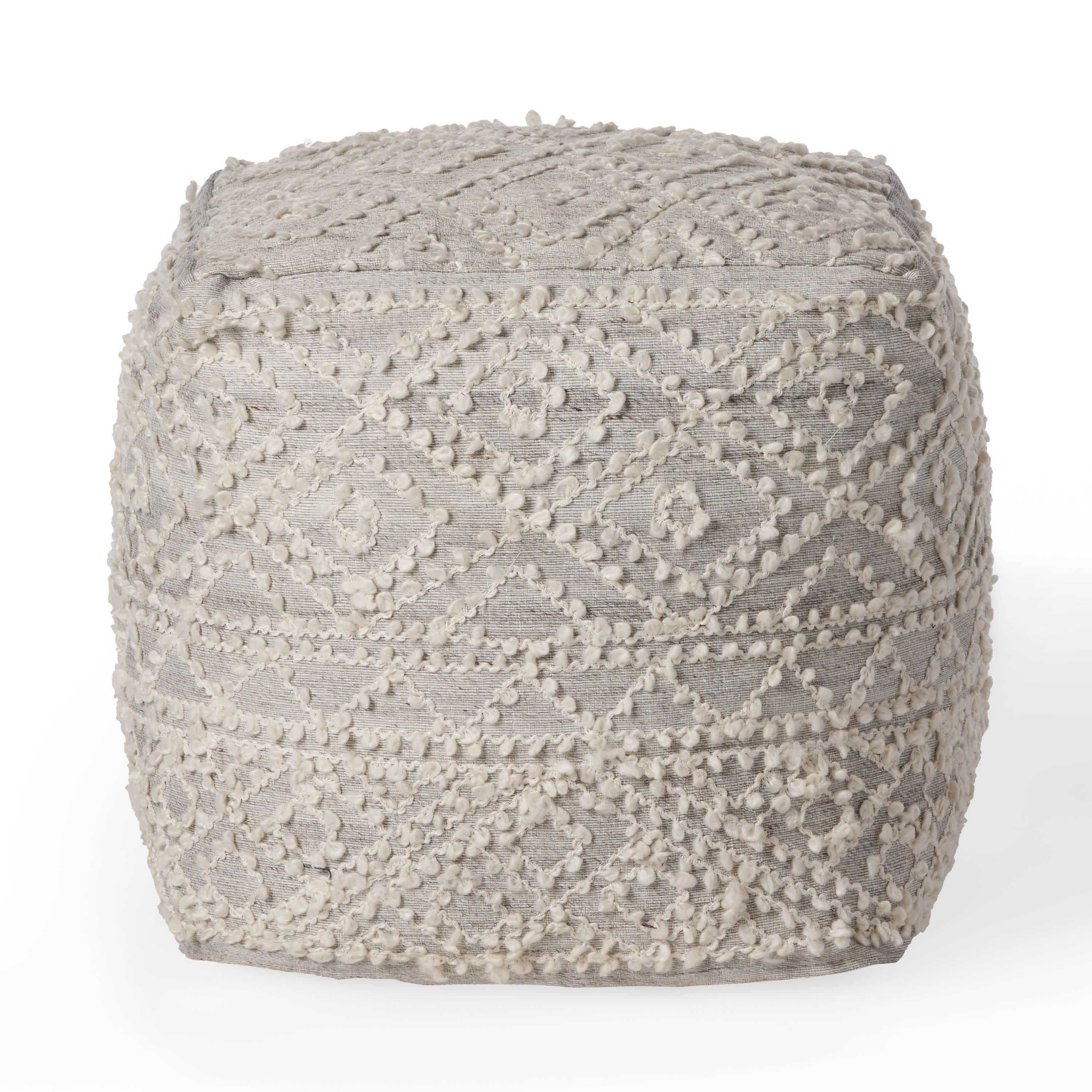 Sylvia Boho Diamond Pattern Wool and Viscose Cube Pouf - furnishings