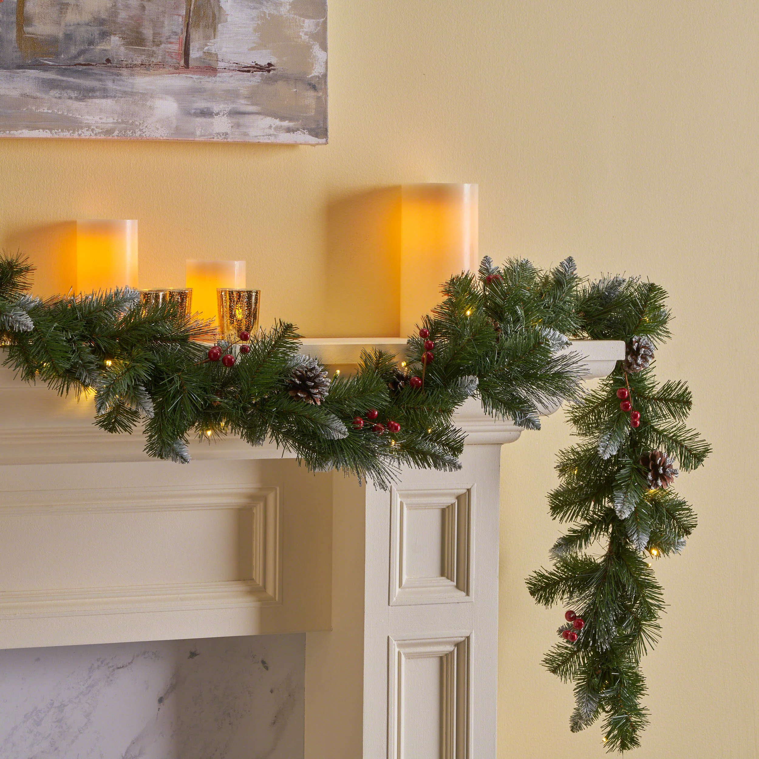 9-foot Mixed Spruce Pre-Lit Warm White LED Artificial Christmas Garland with Glitter Branches, Red Berries and Pinecones - furnishings