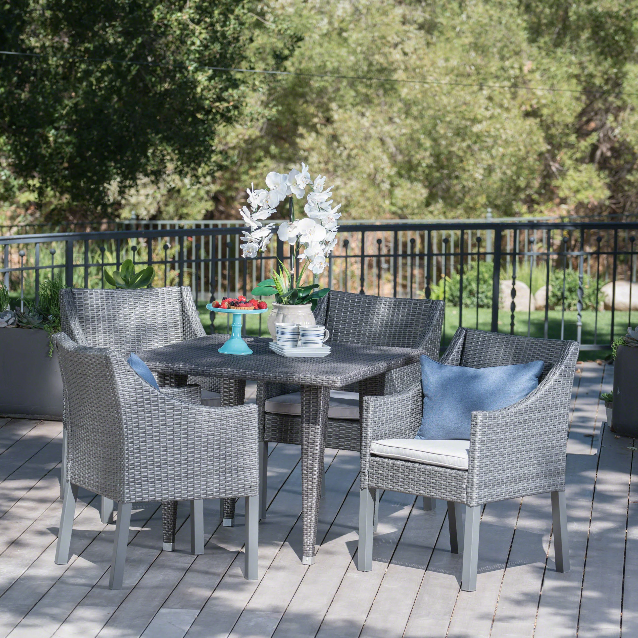 Del Mar Outdoor 5 Piece Gray Wicker Dining Set with Water Resistant Cushions - furnishings