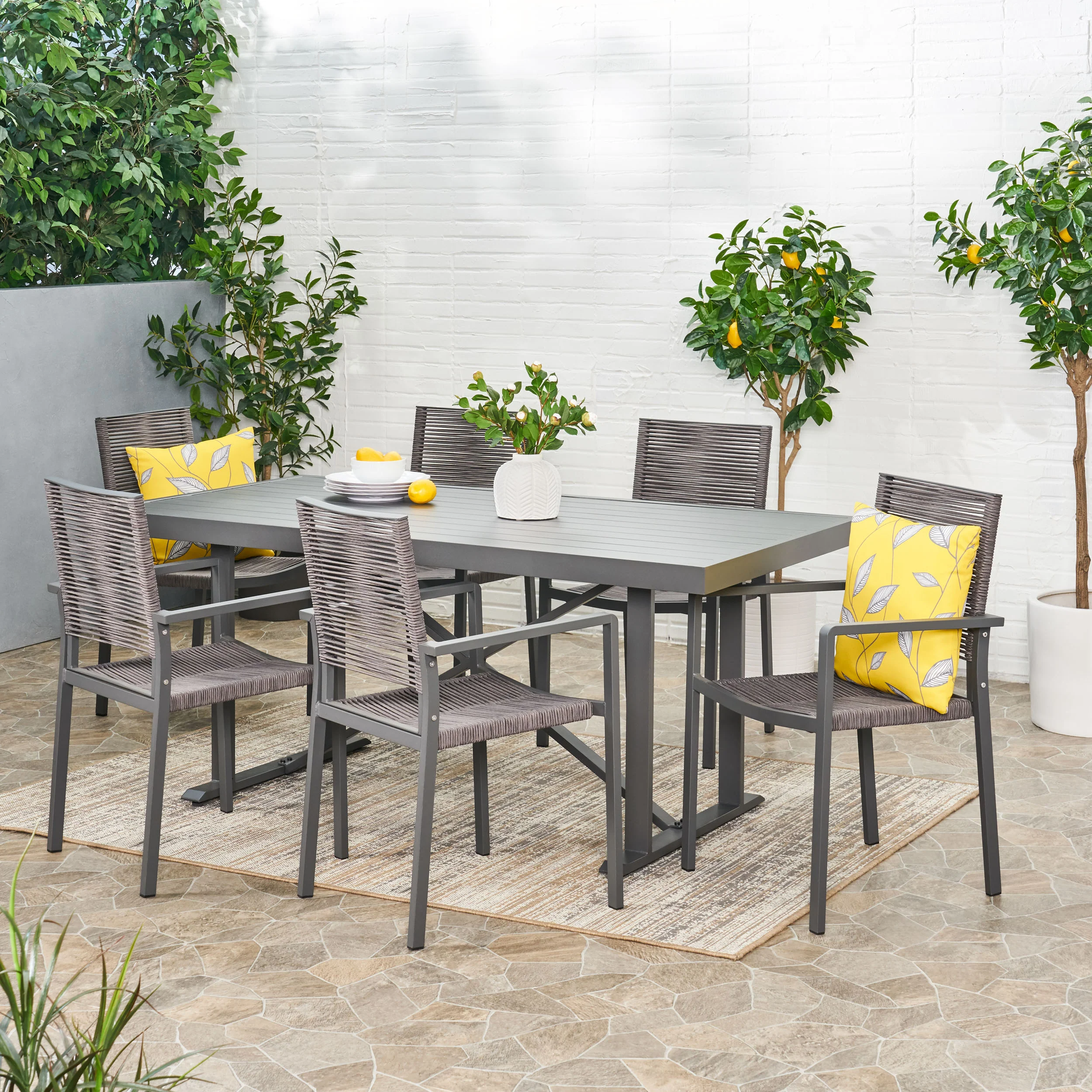 Aponaug Outdoor Modern Industrial Aluminum 7 Piece Dining Set with Rope Seating - furnishings