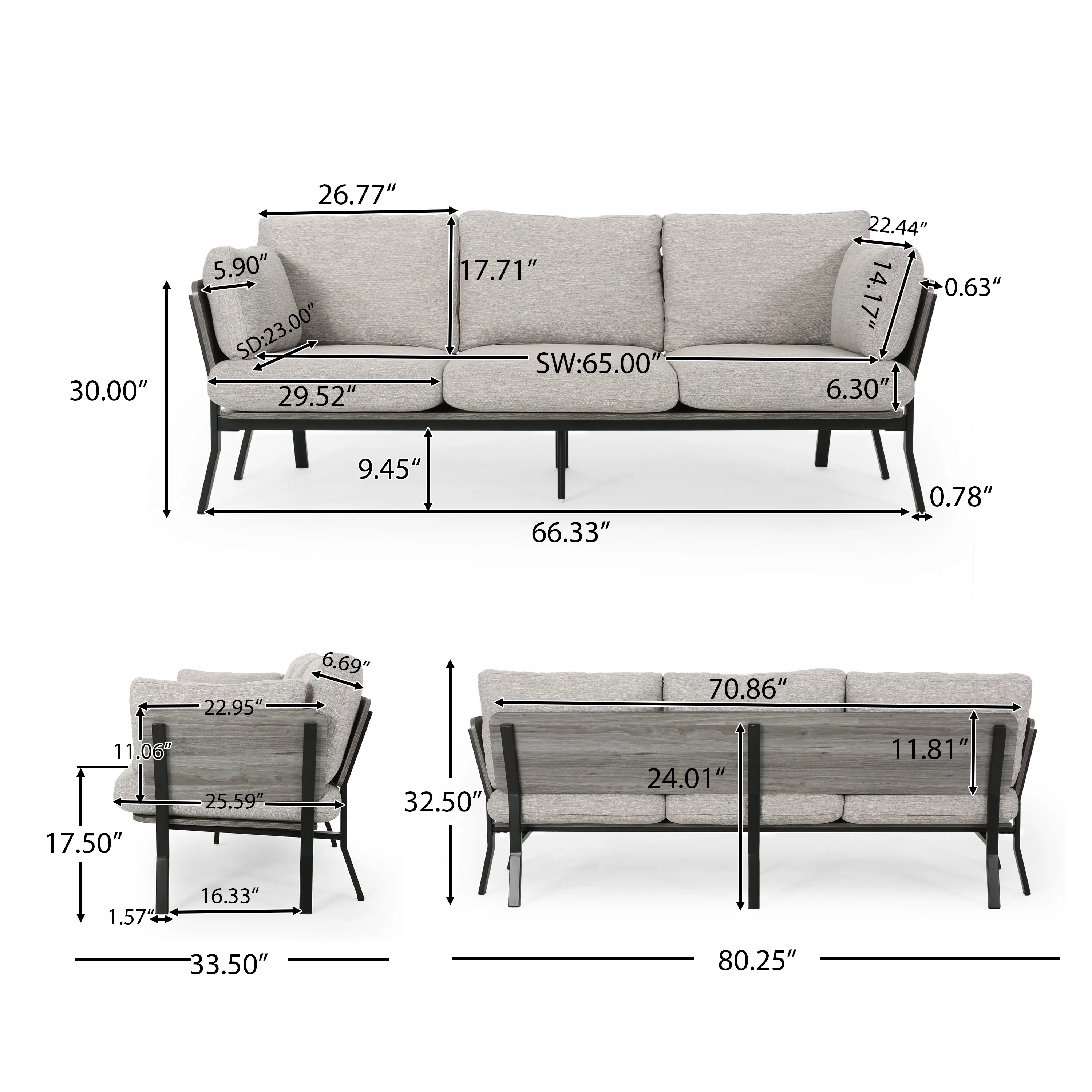 Athea Mid-Century Modern 3 Seater Wood Frame Sofa - furnishings