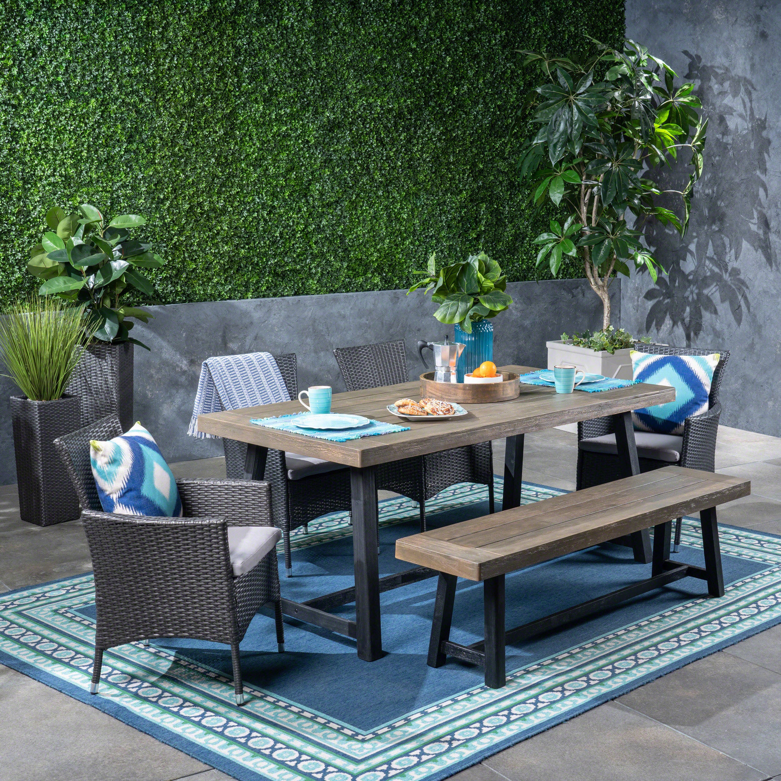 Bunta Outdoor 6 Piece Dining Set with Wicker Chairs and Bench - furnishings