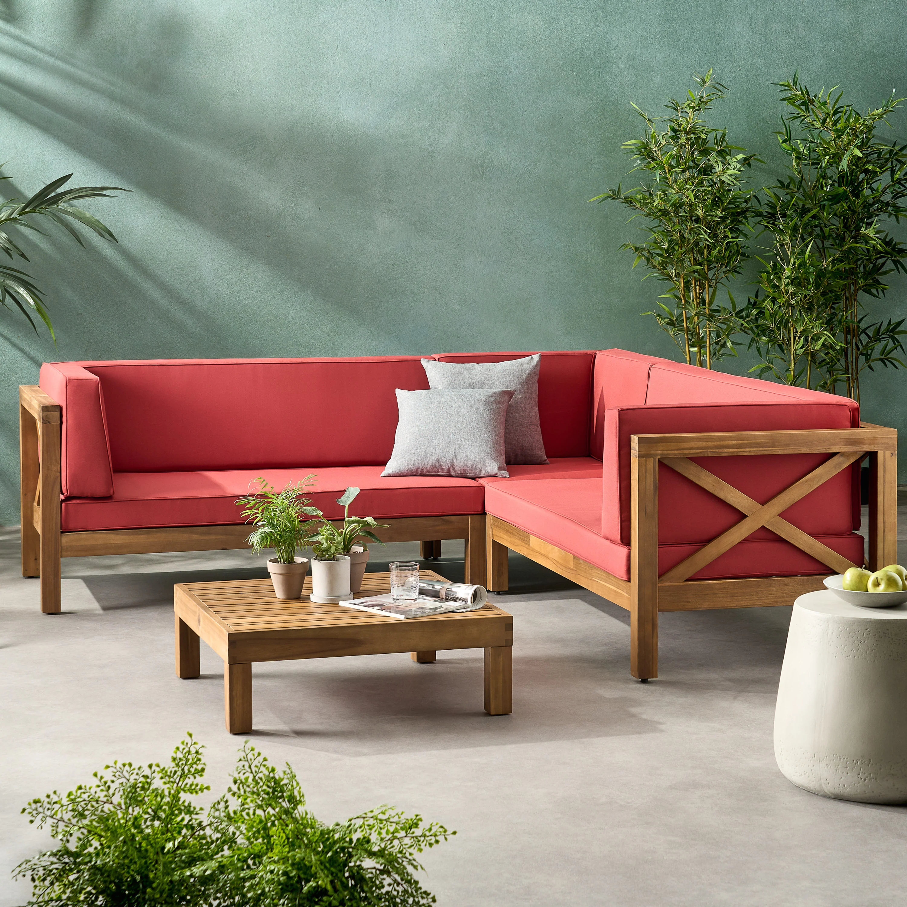 Brava Outdoor 4 Piece V-Shaped Acacia Wood Sectional Sofa and Coffee Table Set - furnishings