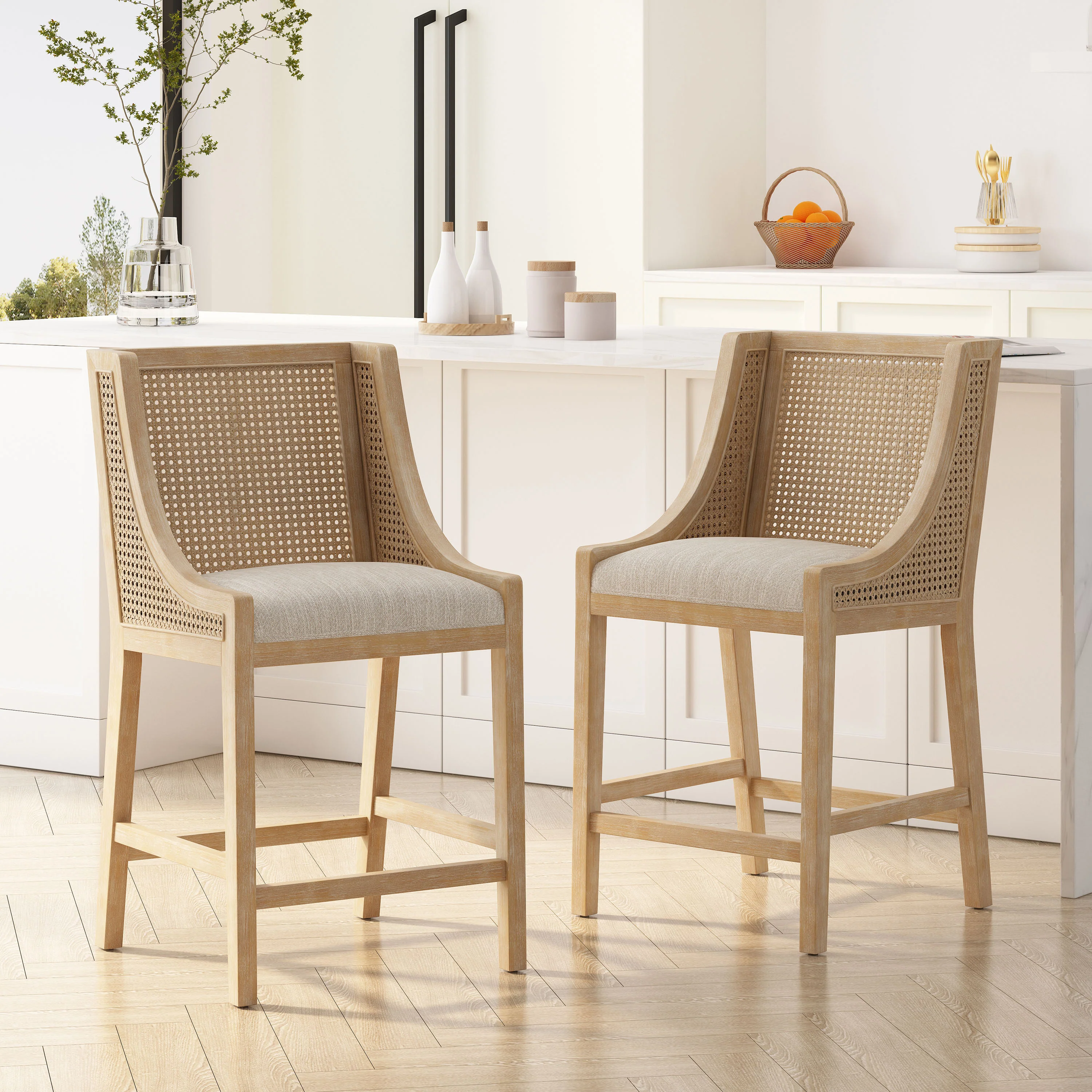 Deville French Country Fabric Upholstered Wood and Cane 25.5 inch Counter Stools (Set of 2) - furnishings