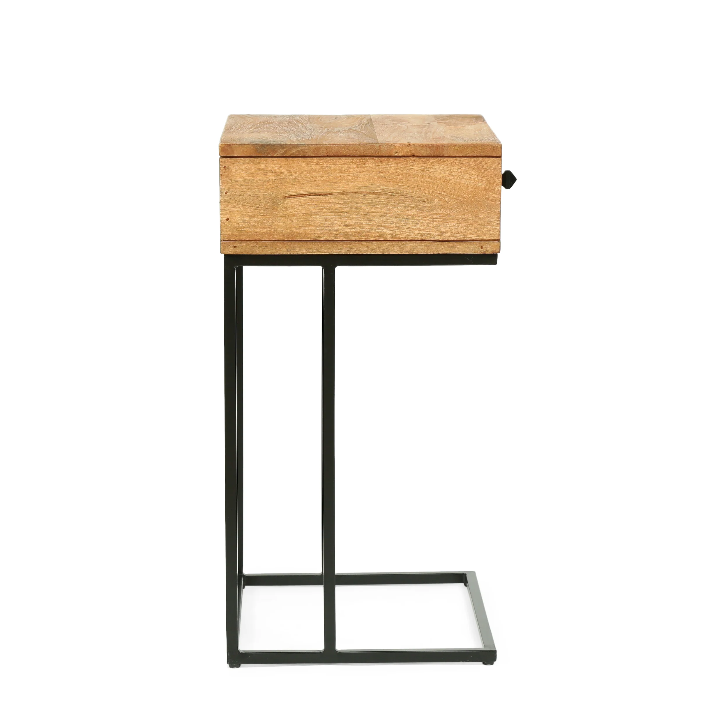 Wickson Modern Industrial Handmade Mango Wood C-Shaped Side Table with Drawer, Natural and Black - furnishings
