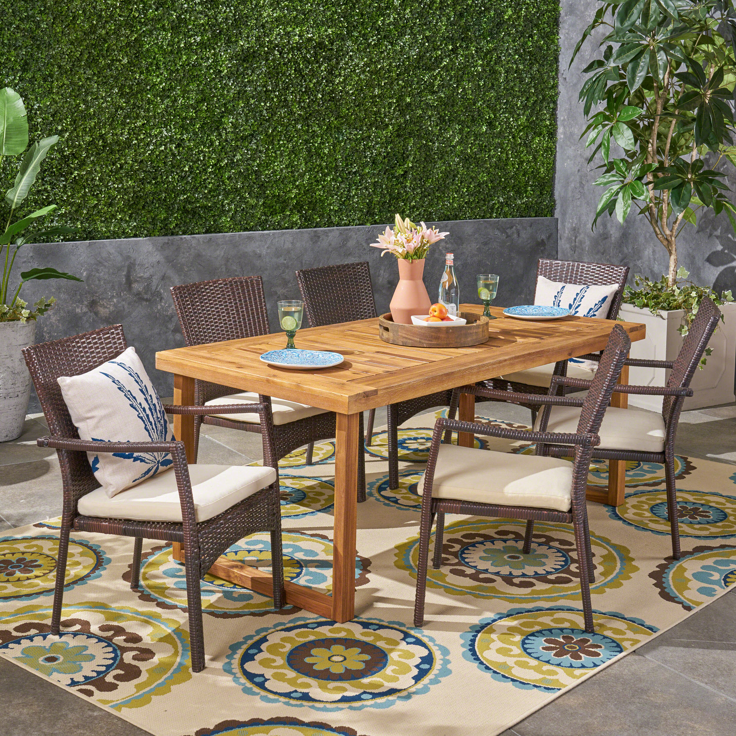 Humphrey Outdoor 6-Seater Acacia Wood Dining Set with Wicker Chairs, Sandblast Natural Finish and Multi Brown and Beige - furnishings