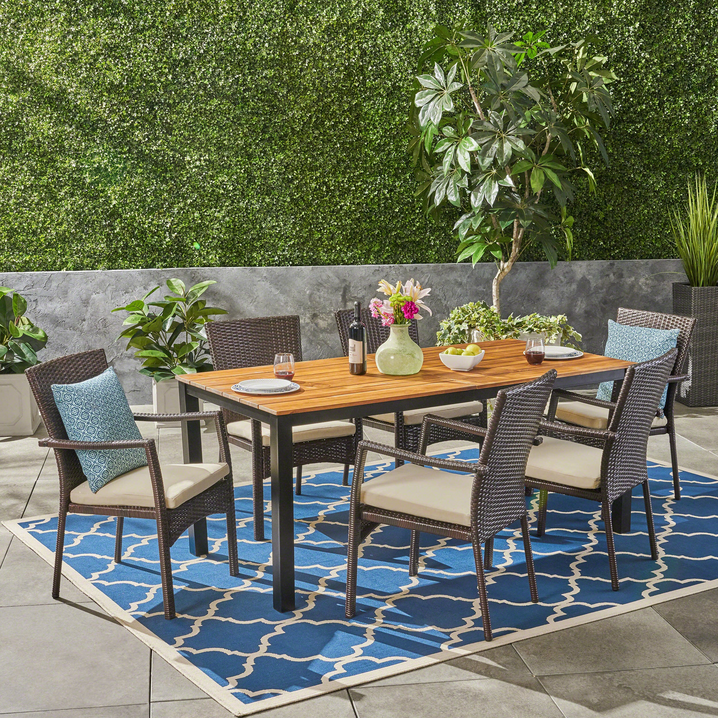 Elaine Outdoor 7 Piece Acacia Wood Dining Set with Wicker Chairs, Teak and Brown and Cream - furnishings
