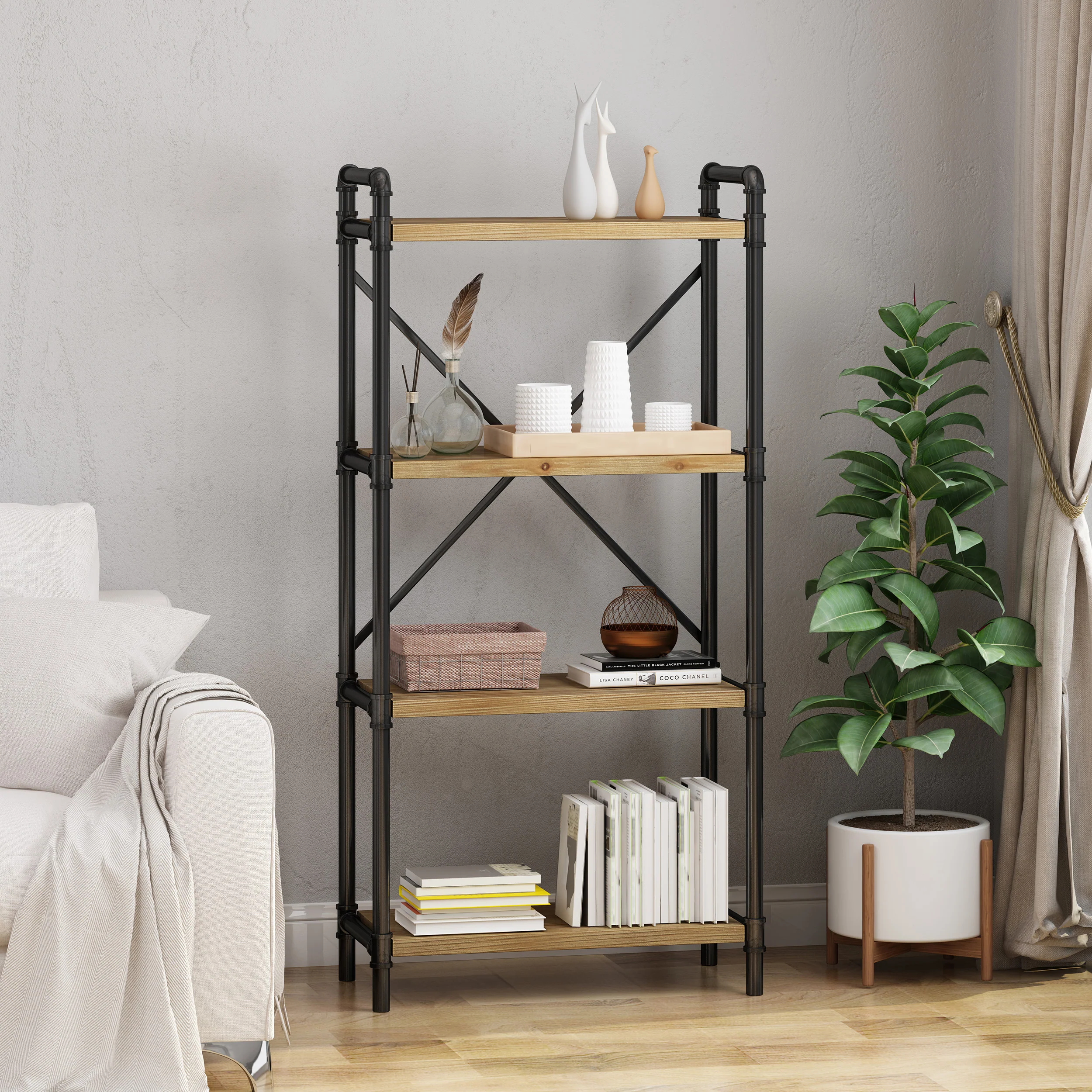Astrid Industrial Pipe Design 4-Shelf Etagere Bookcase - furnishings