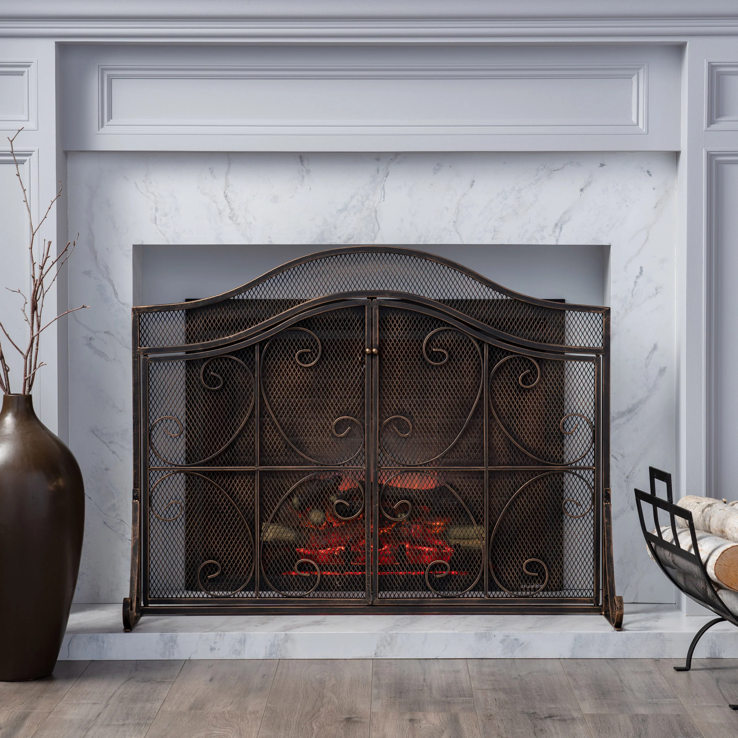 Gary Modern Three Panel Iron Firescreen with Door - furnishings