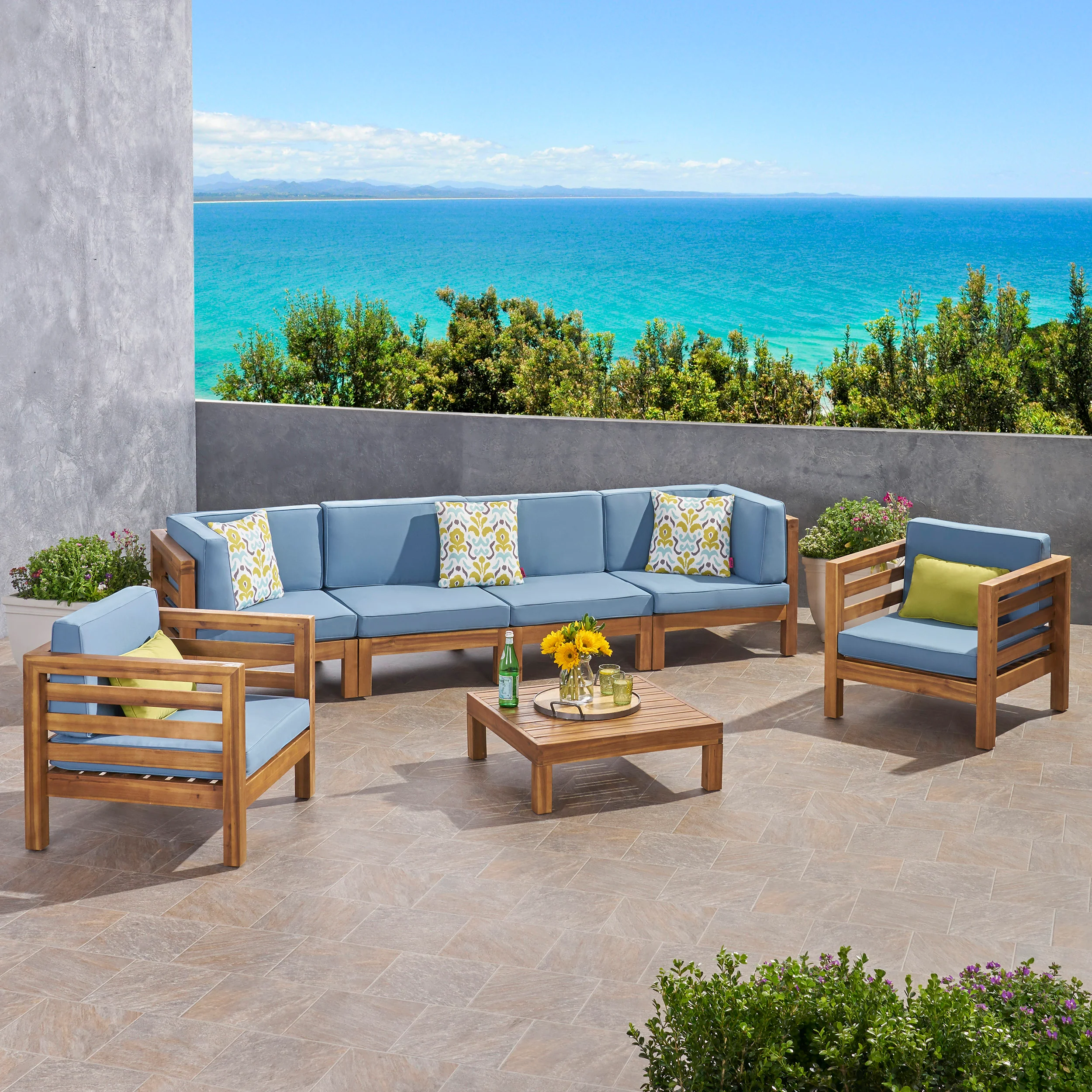 Emma Outdoor 6 Seater Acacia Wood Sofa Chat Set - furnishings