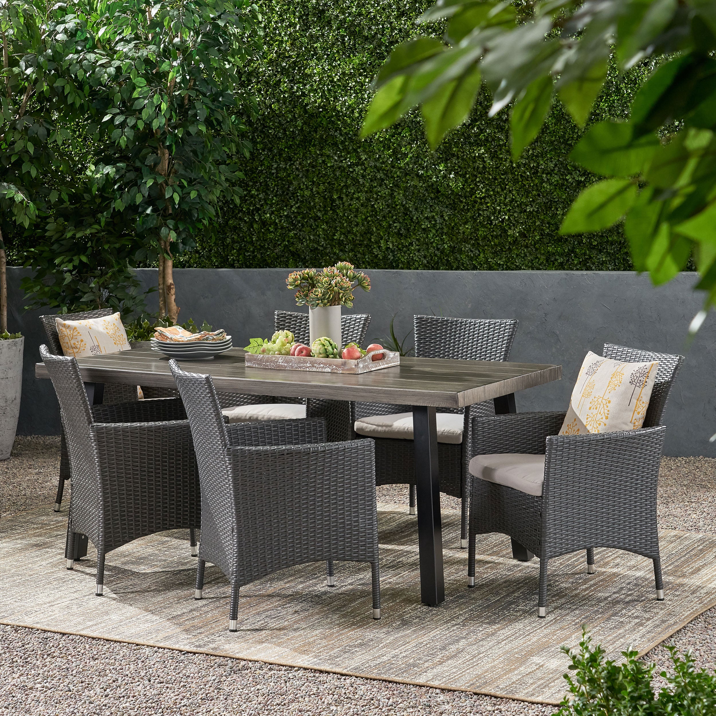 Altair Outdoor 7 Piece Aluminum Dining Set with Wicker Chairs - furnishings