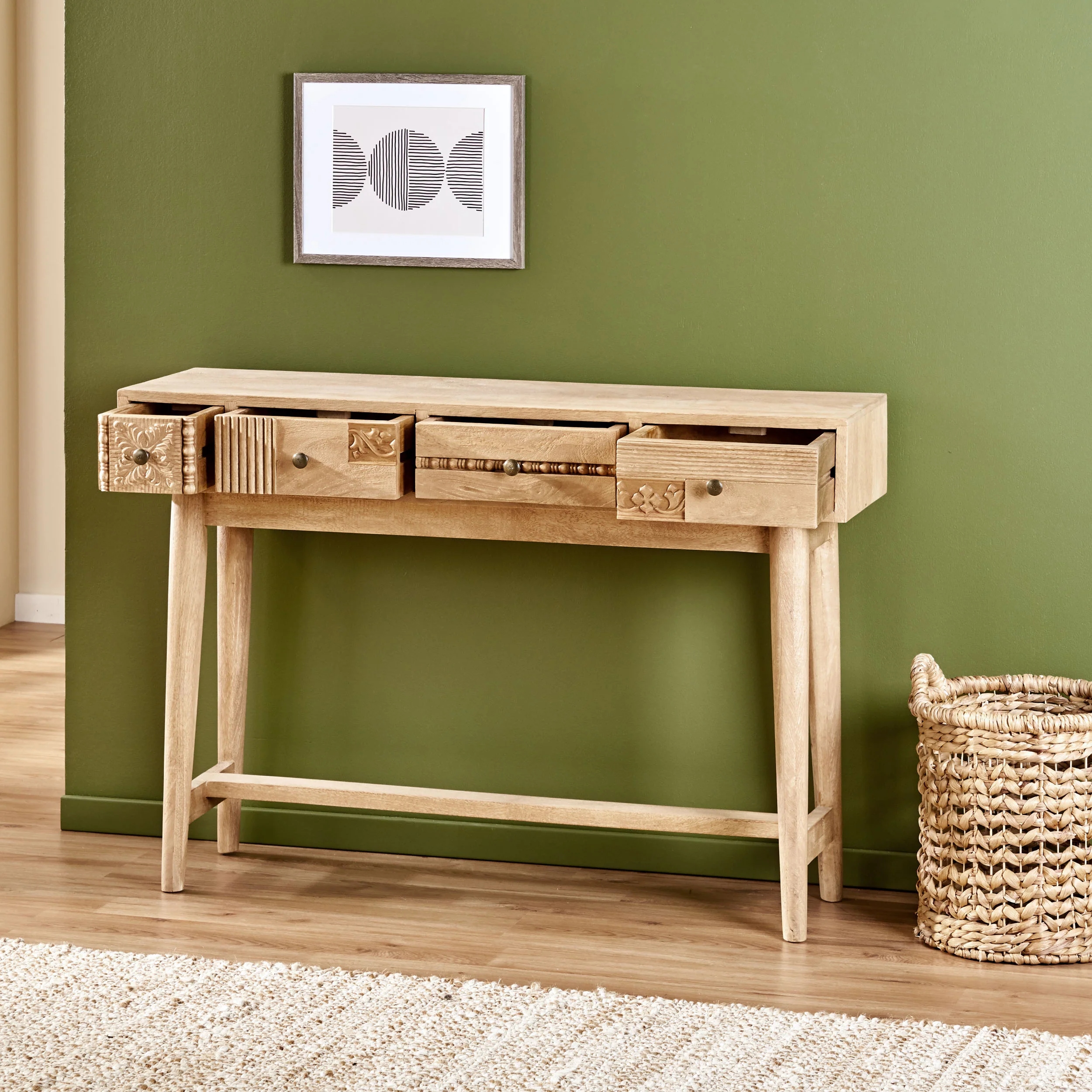 Lithonia Warthen Boho Handcrafted 4 Drawer Console Table, Natural - furnishings