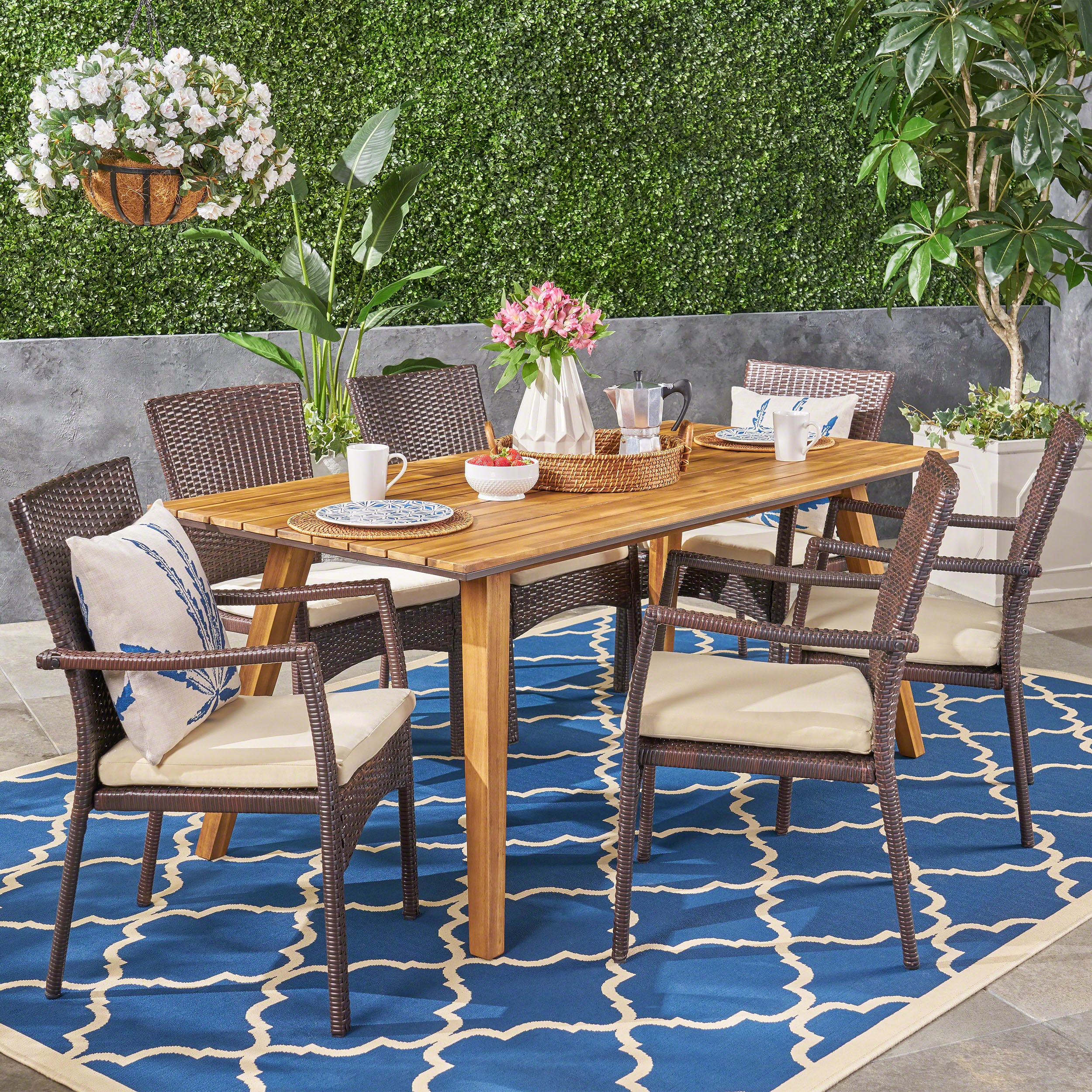 Michaelia Outdoor 7 Piece Acacia Wood Dining Set with Wicker Chairs, Teak and Brown and Cream - furnishings