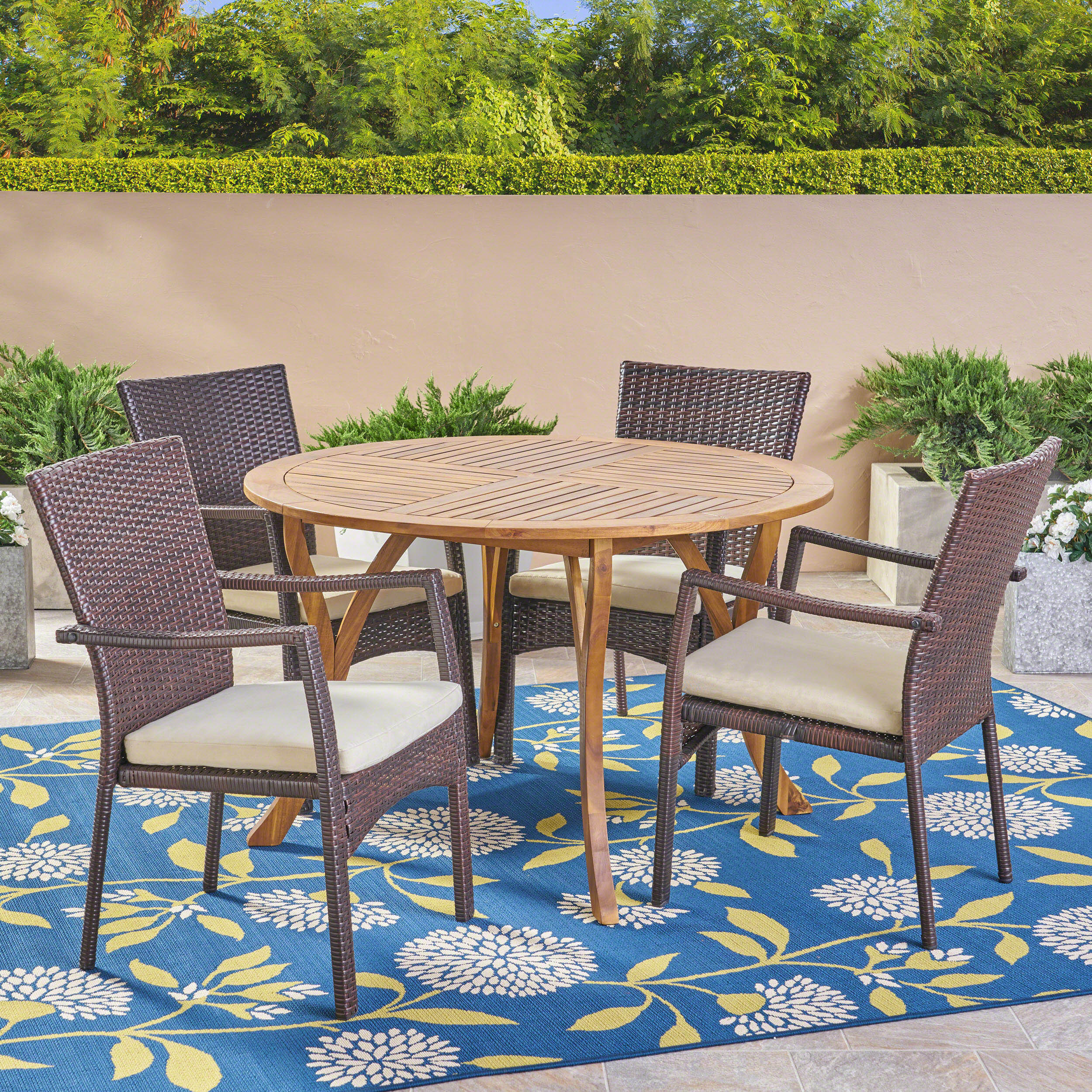 Baldry Outdoor 5 Piece Acacia Wood and Wicker Dining Set - furnishings