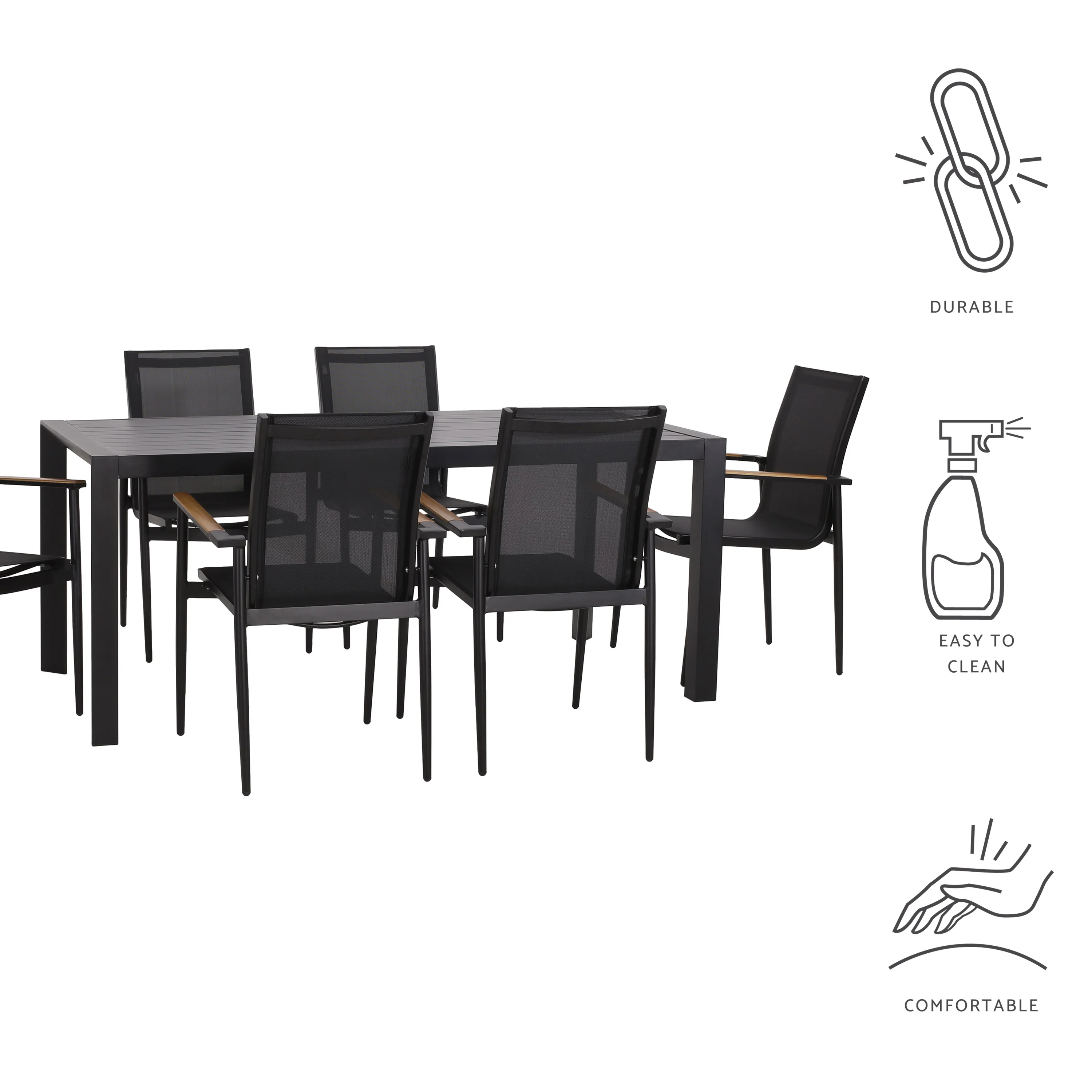 Kairo Outdoor Mesh and Aluminum 7 Piece Dining Set, Black - furnishings