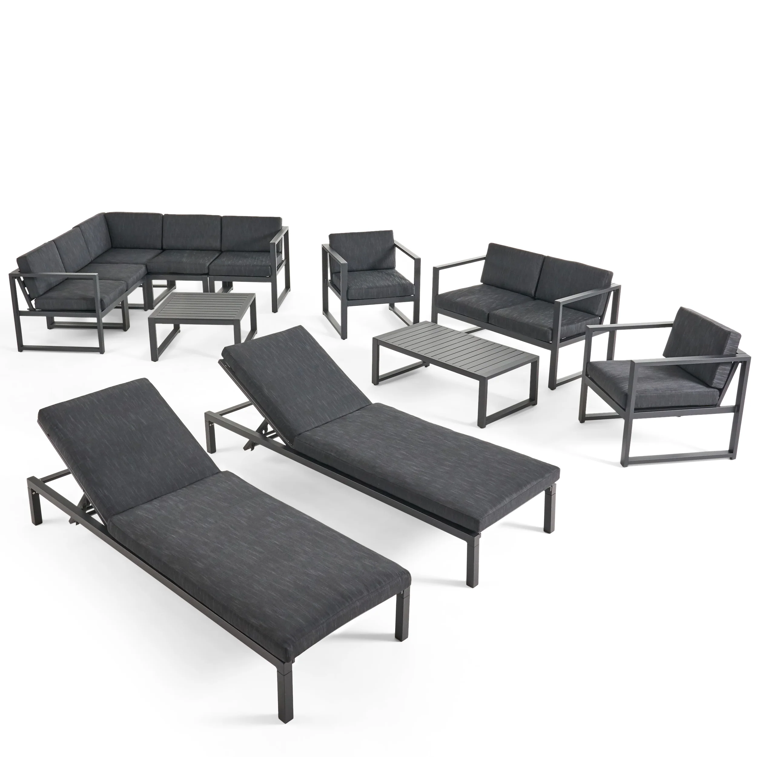 Nealie Outdoor 9 Seater Aluminum Sectional Sofa Set with Mesh Chaise Lounges - furnishings