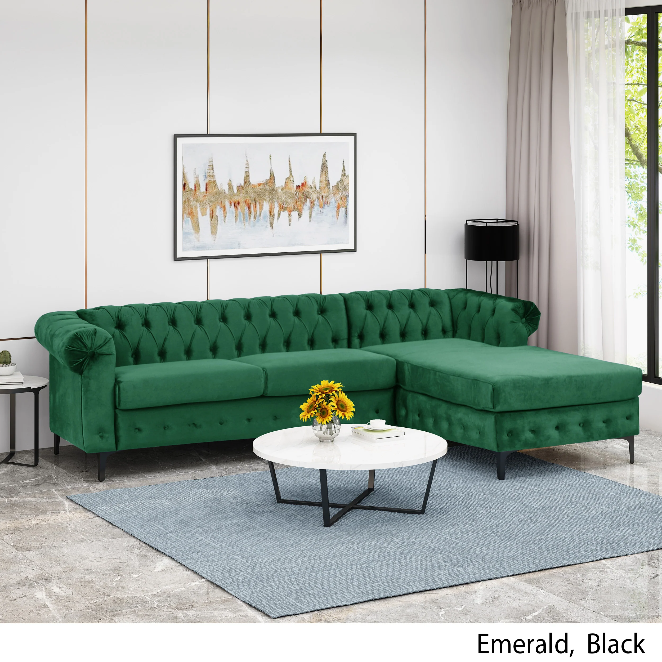 Juelz Contemporary Velvet 3 Seater Sectional Sofa with Chaise Lounge - furnishings