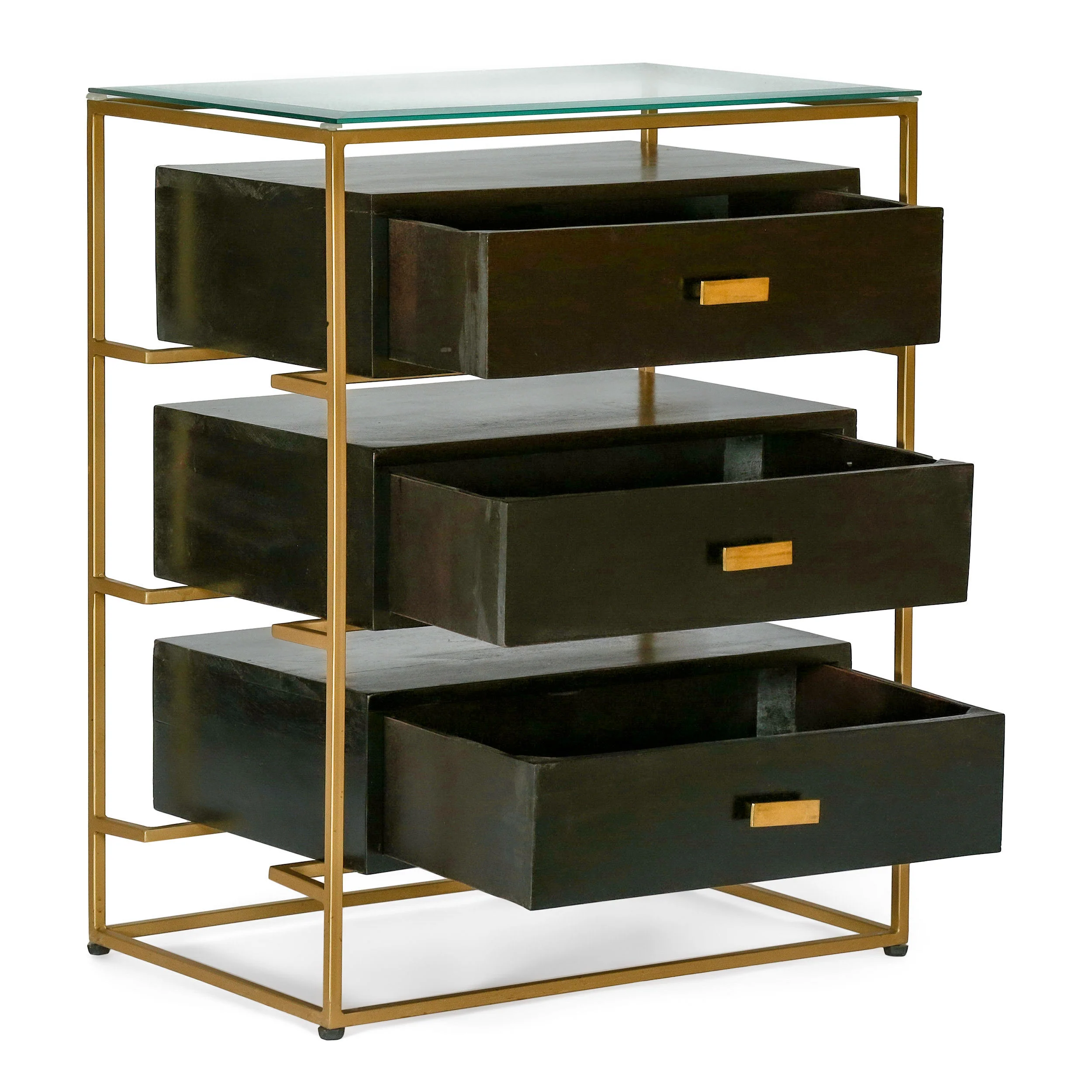 Sonne Modern Handcrafted 3 Drawer Glass Top Nightstand, Black and Brass - furnishings
