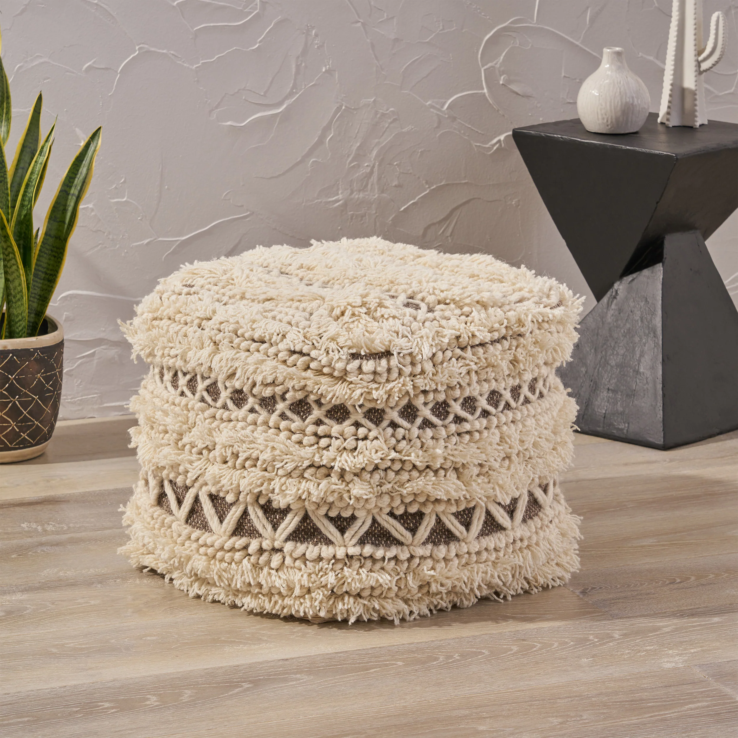 Korey Boho Wool and Cotton Ottoman Pouf - furnishings