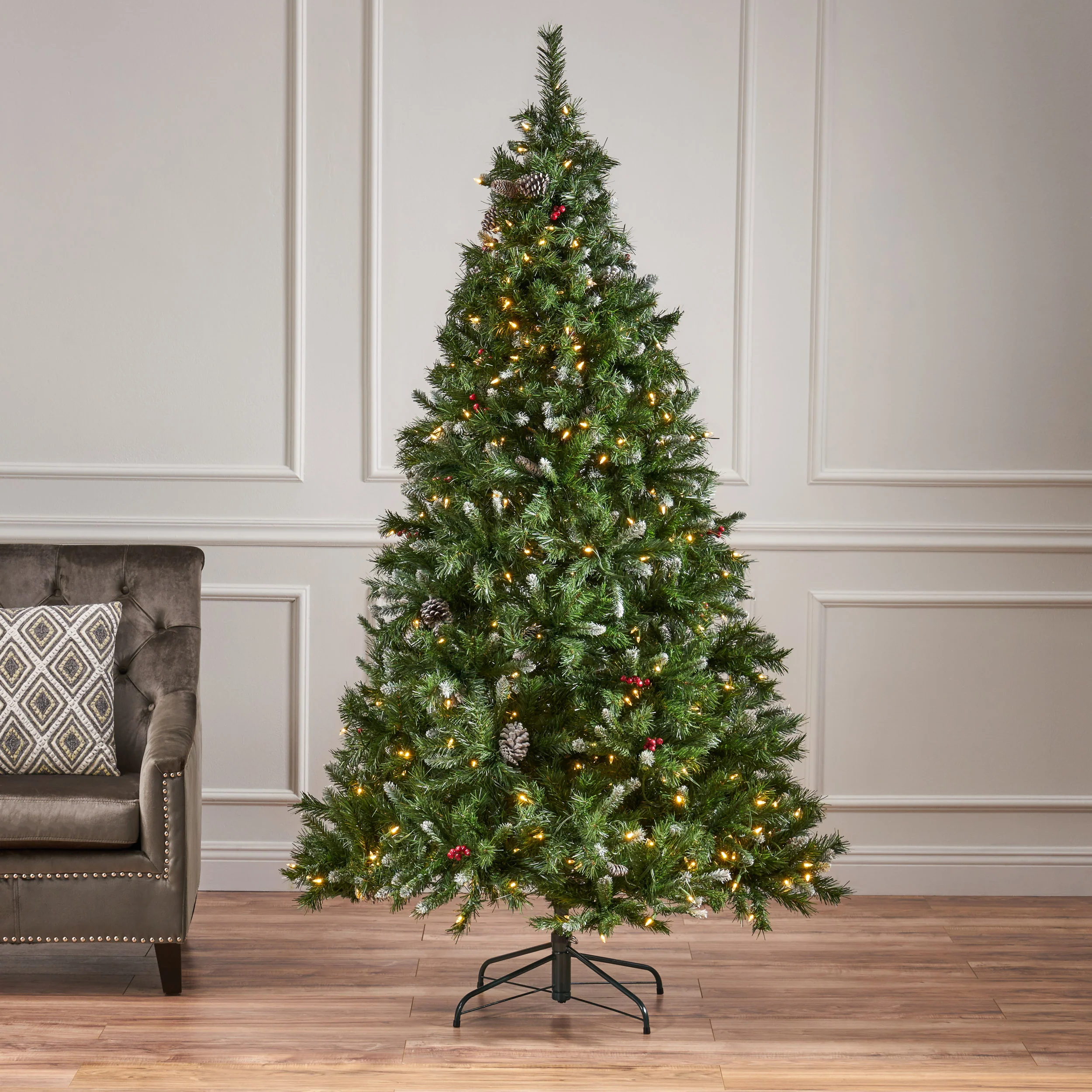 7-foot Mixed Spruce Pre-Lit Clear LED Hinged Artificial Christmas Tree with Frosted Branches - furnishings
