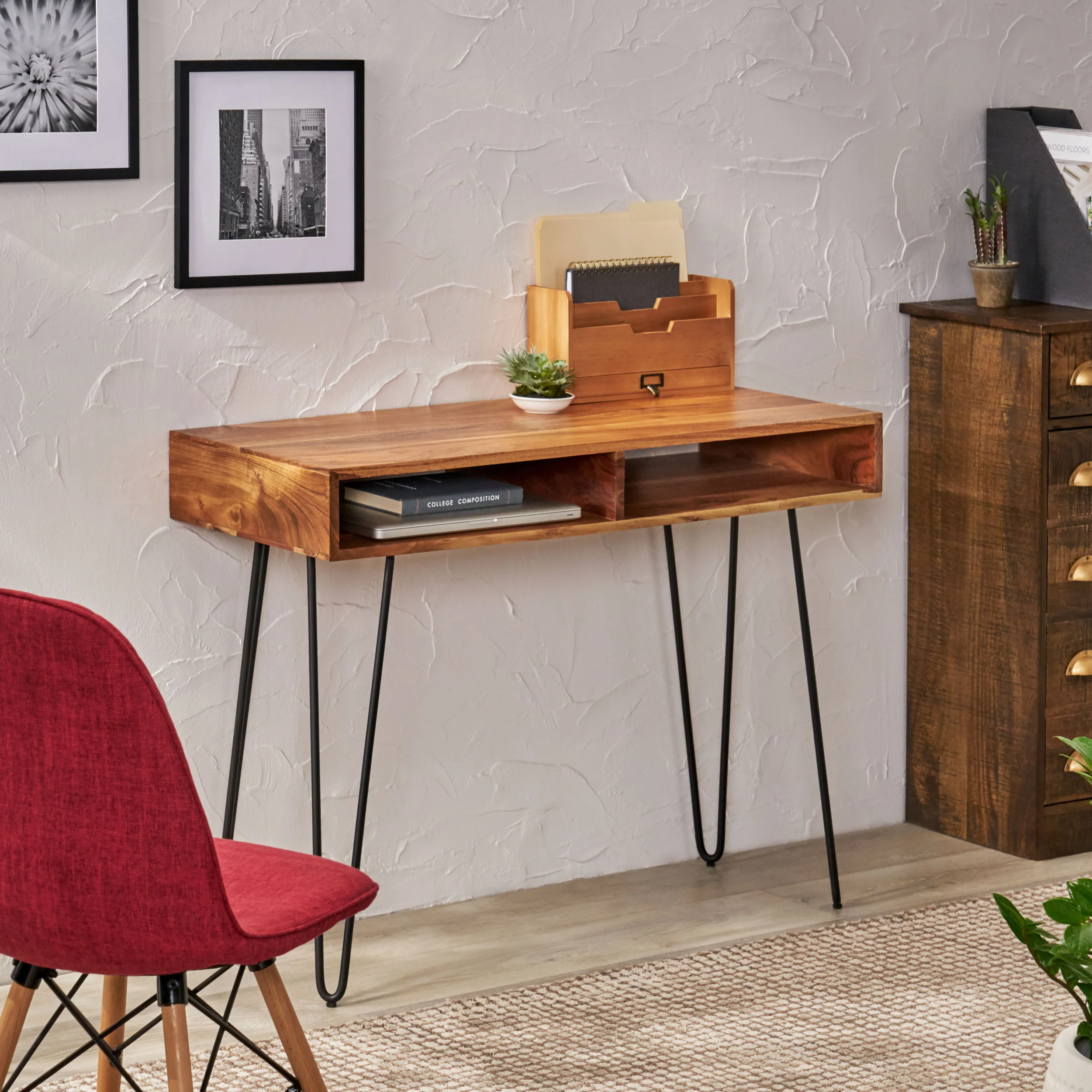 Reidsville Modern Industrial Handcrafted Acacia Wood Storage Desk with Hairpin Legs - furnishings