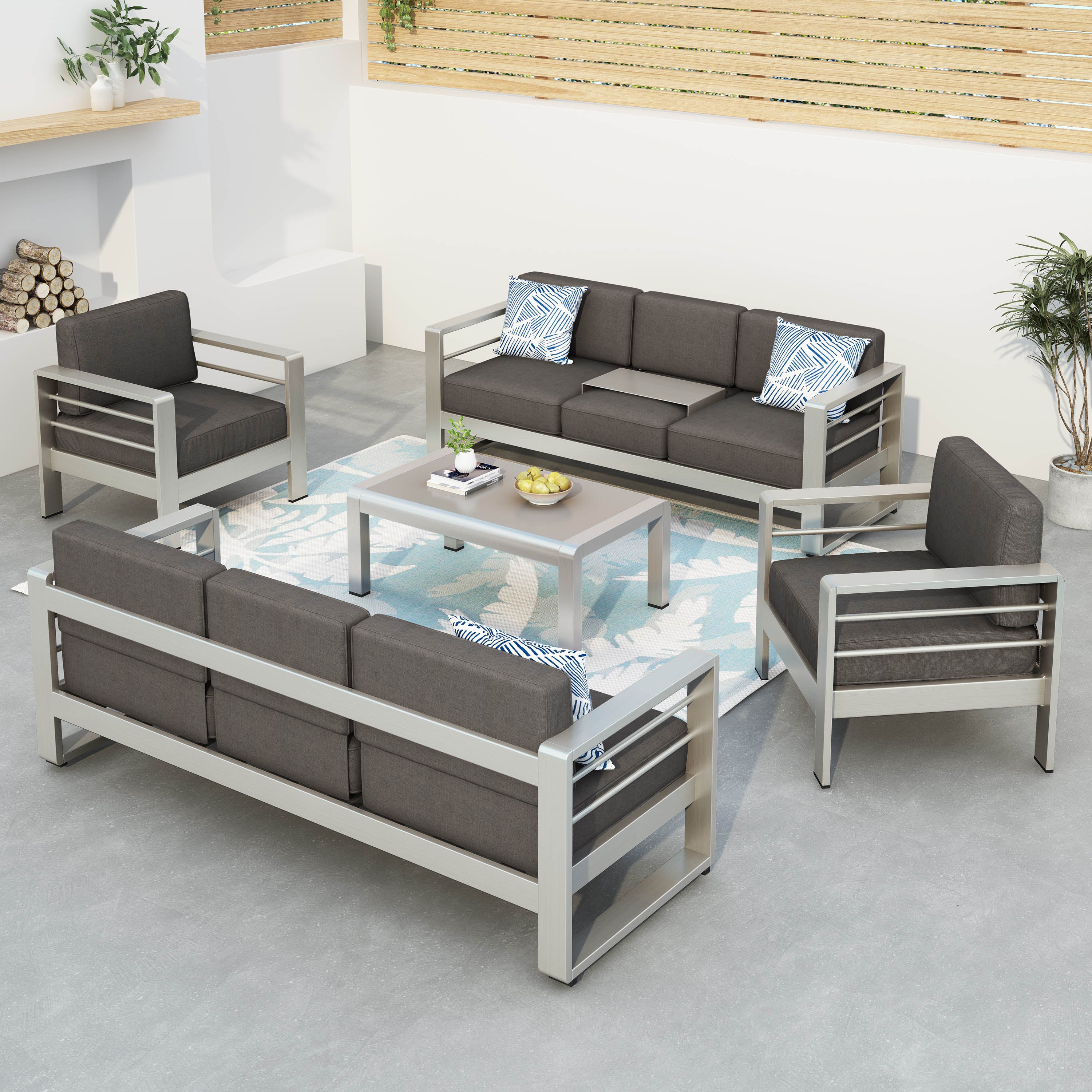 Crested Bay Outdoor Aluminum 5-Piece Sofa Set with Khaki Cushions - furnishings