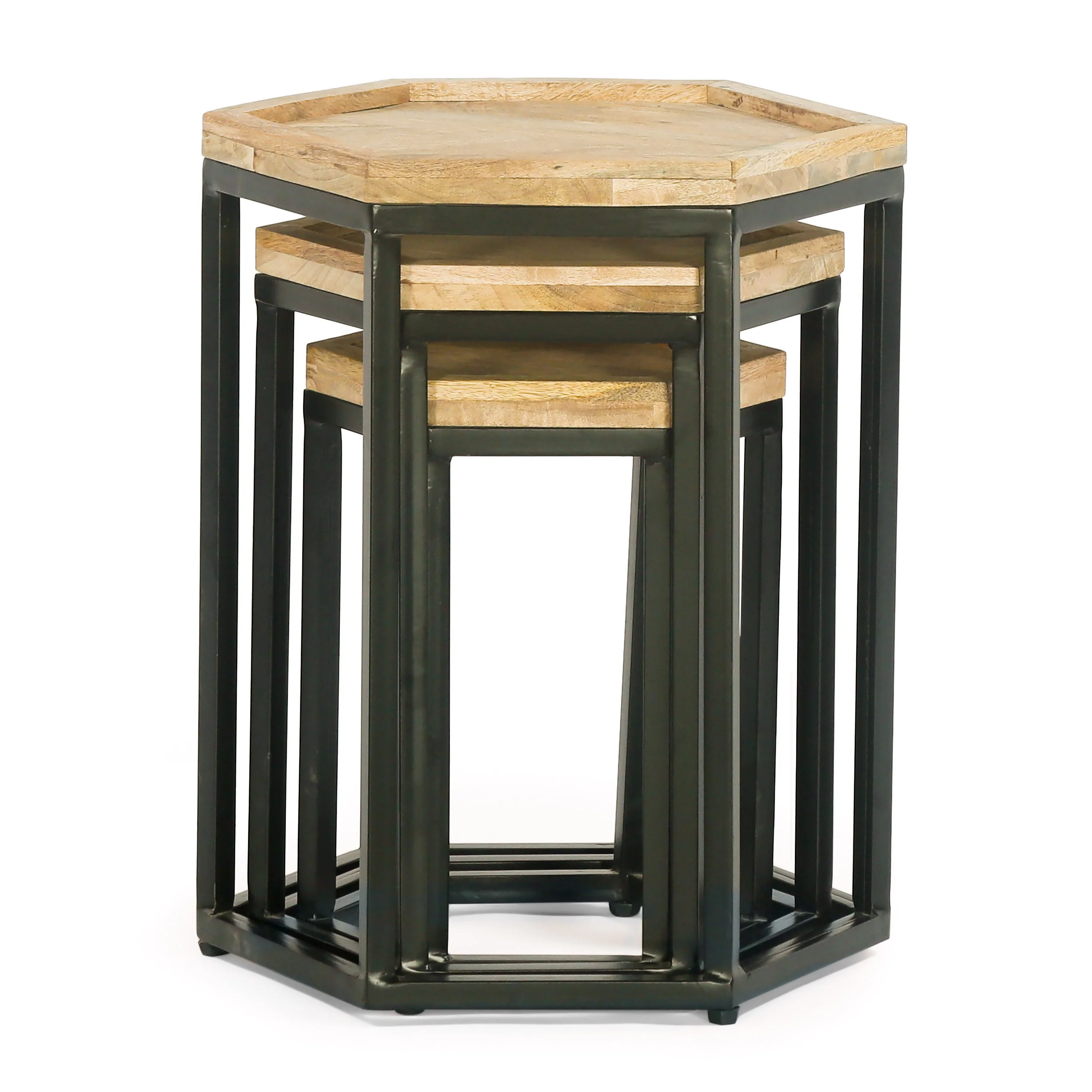 Yantic Modern Industrial Handcrafted Mango Wood Nested Side Tables (Set of 3), Natural and Black - furnishings