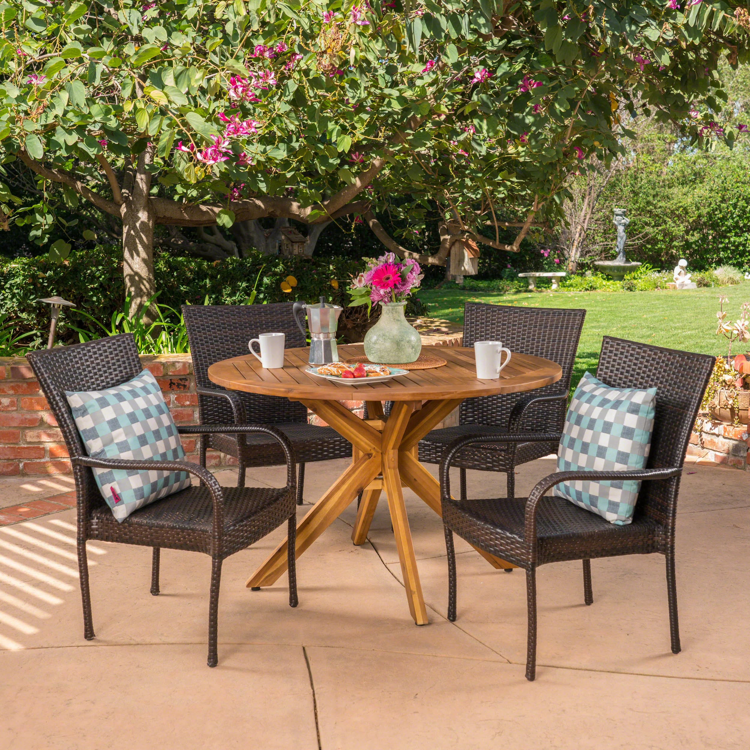 Avant Outdoor 5 Piece Multibrown Wicker Dining Set with Teak Finish Circular Acacia Wood Dining Table - furnishings