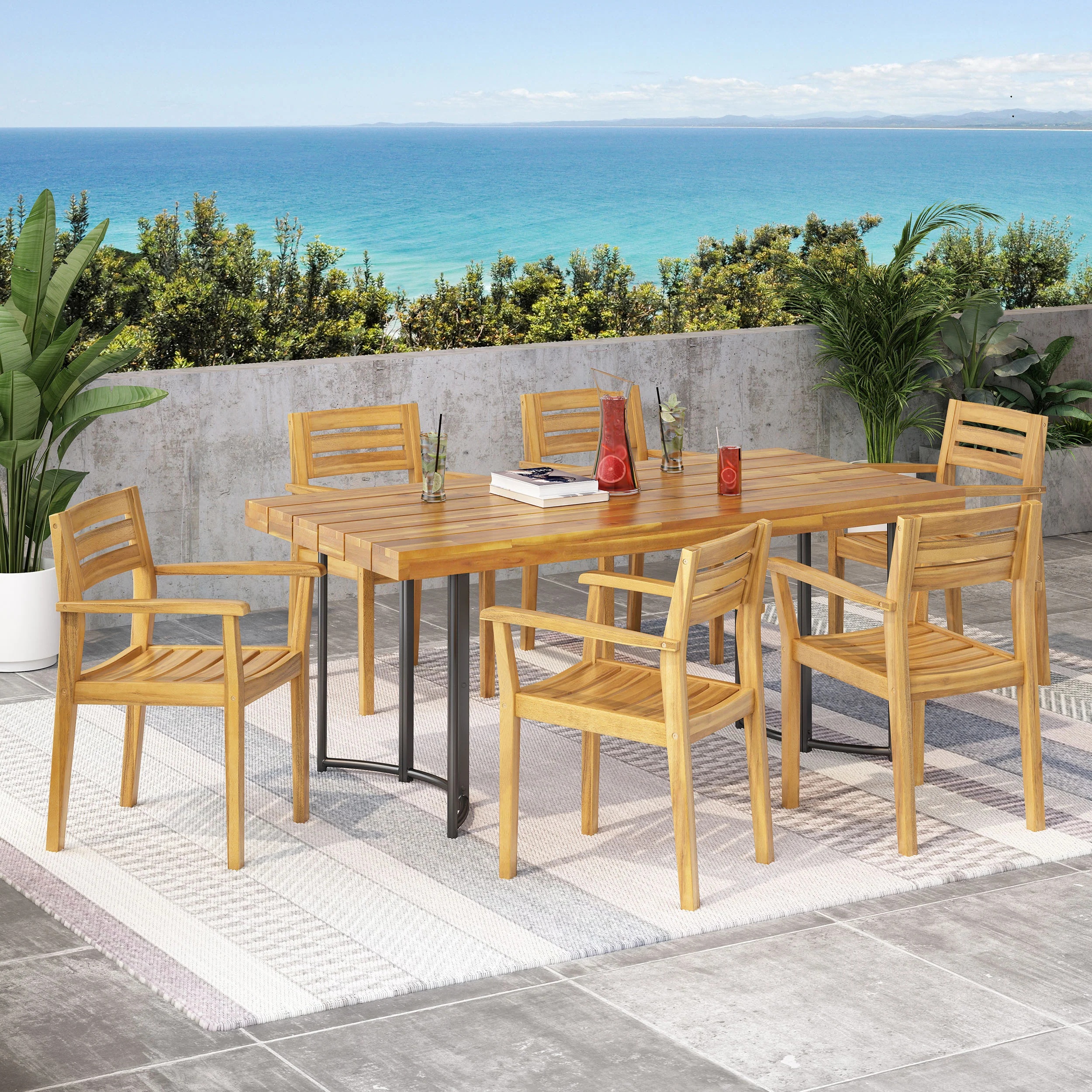 Serena Outdoor Modern Industrial 7 Piece Acacia Wood Dining Set - furnishings