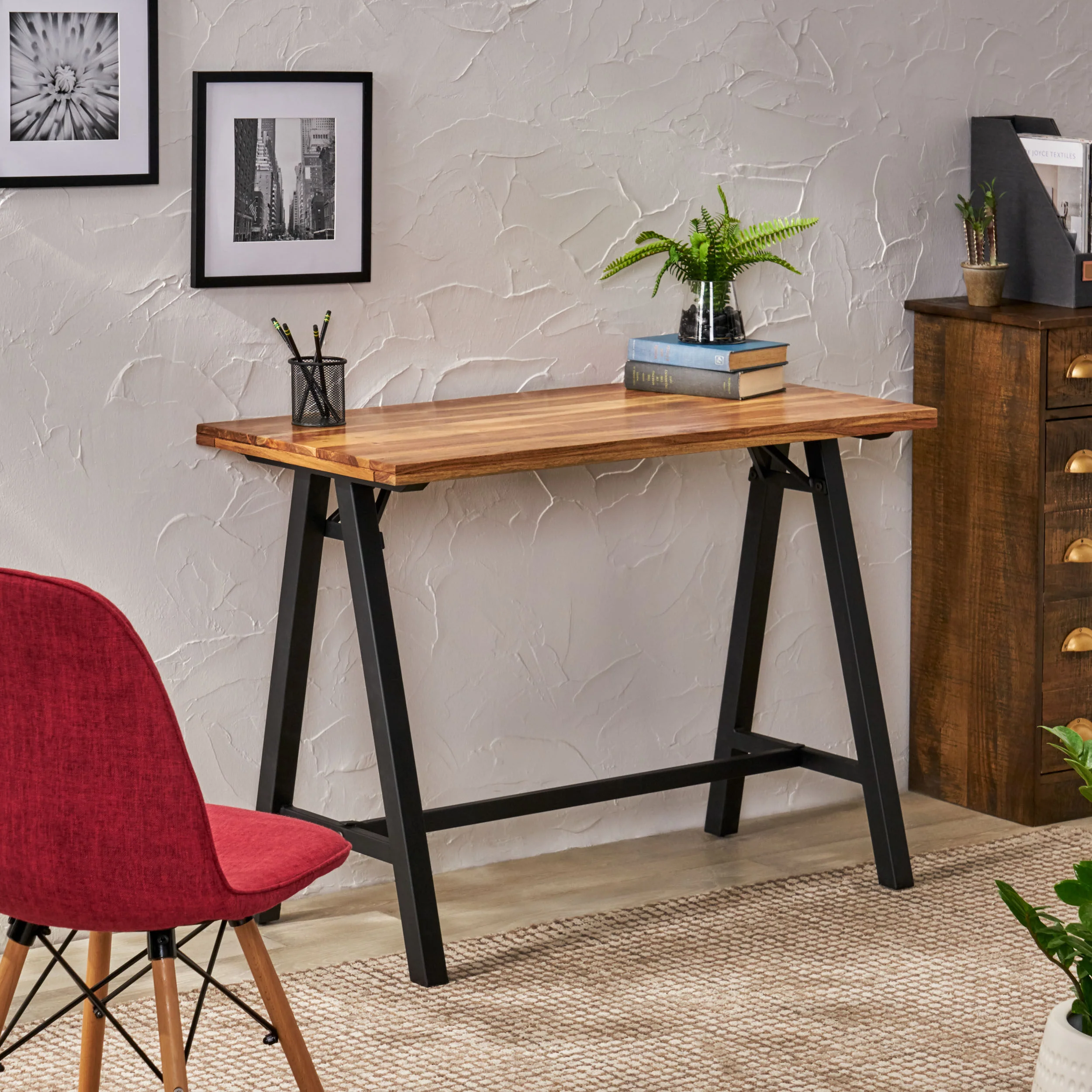 Wilhoit Shurley Modern Industrial Handcrafted Acacia Wood Desk, Natural and Black - furnishings