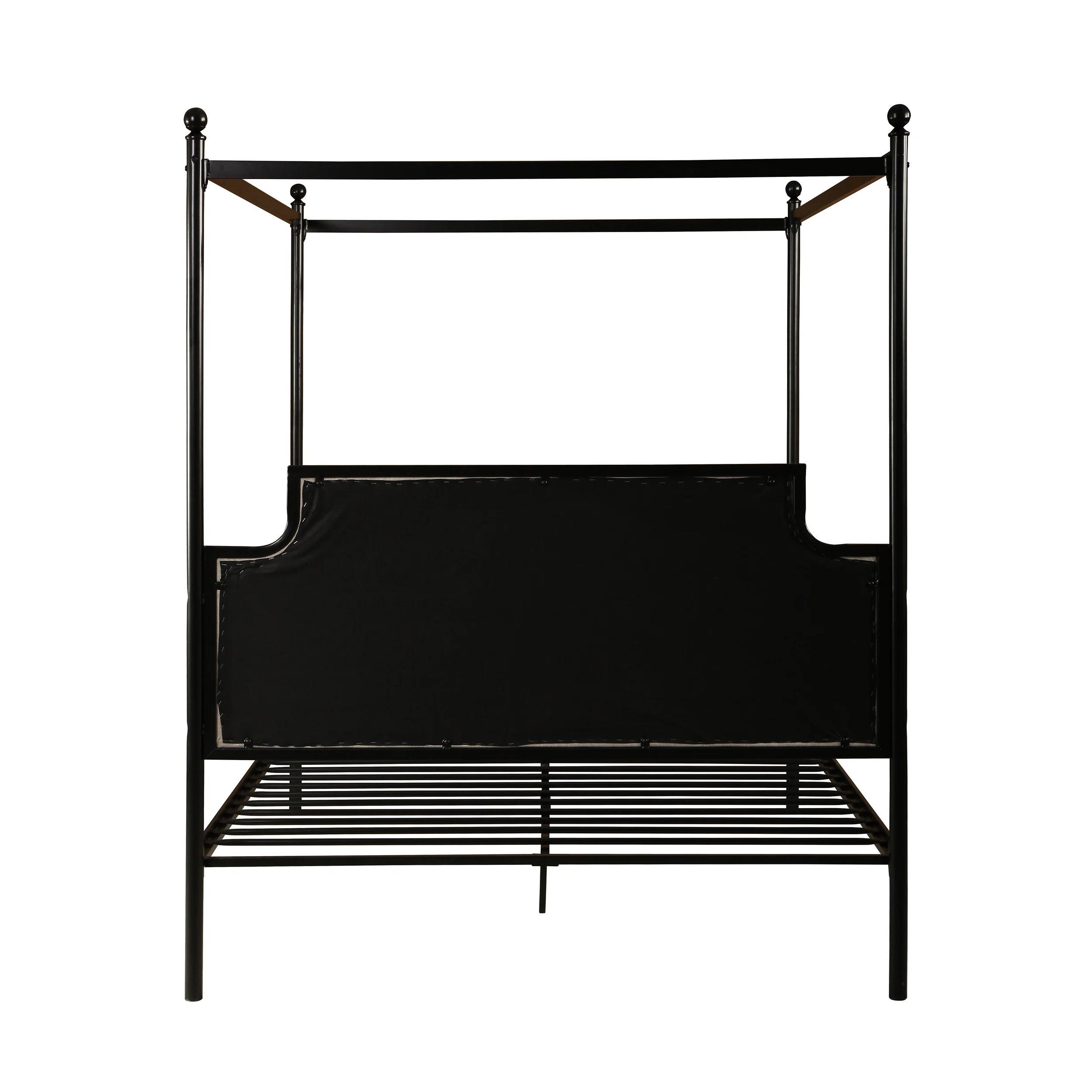 Asa Queen Size Iron Canopy Bed Frame with Upholstered Studded Headboard - furnishings