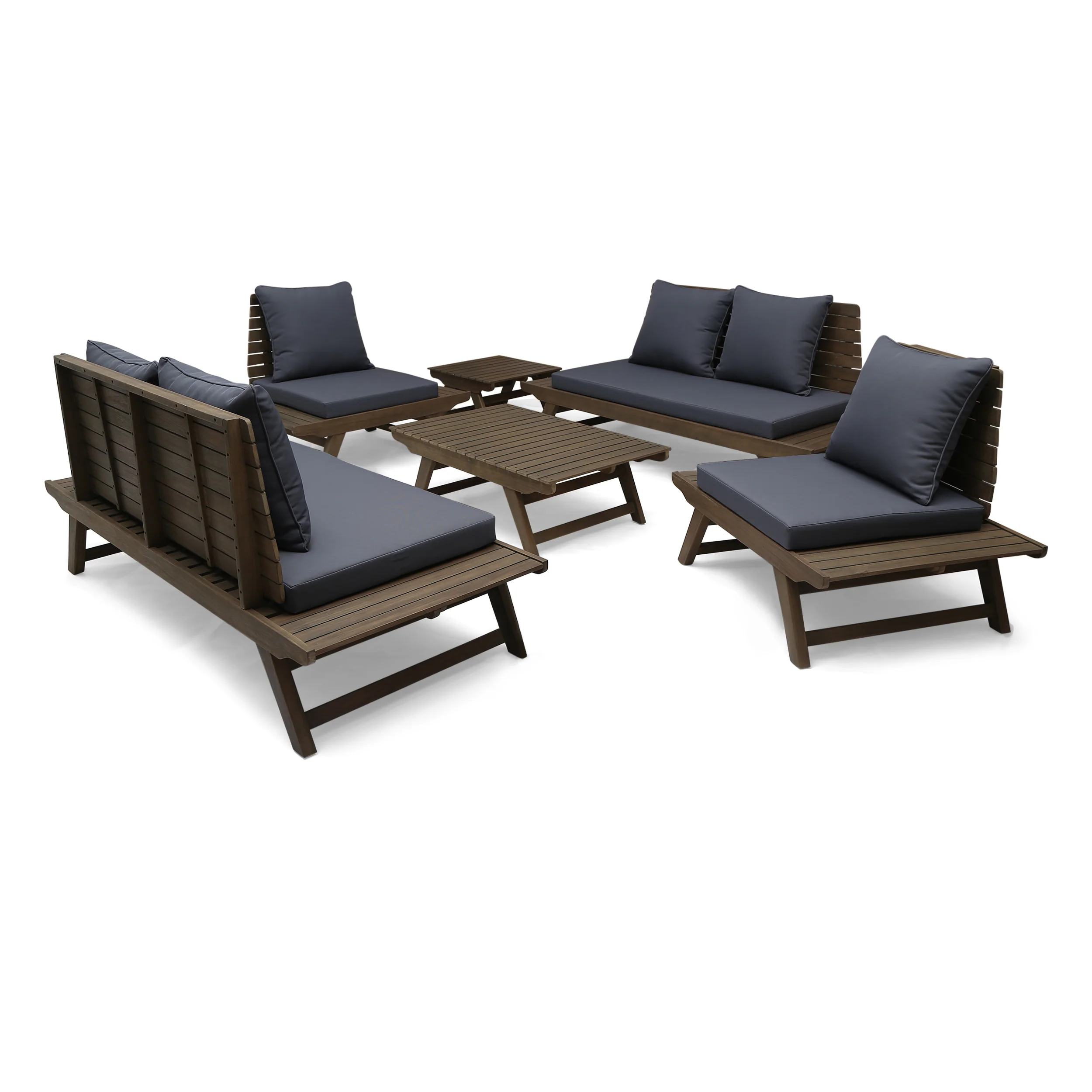 Jennifer Outdoor Acacia Wood 6 Seater Chat Set with Side Table and Coffee Table - furnishings