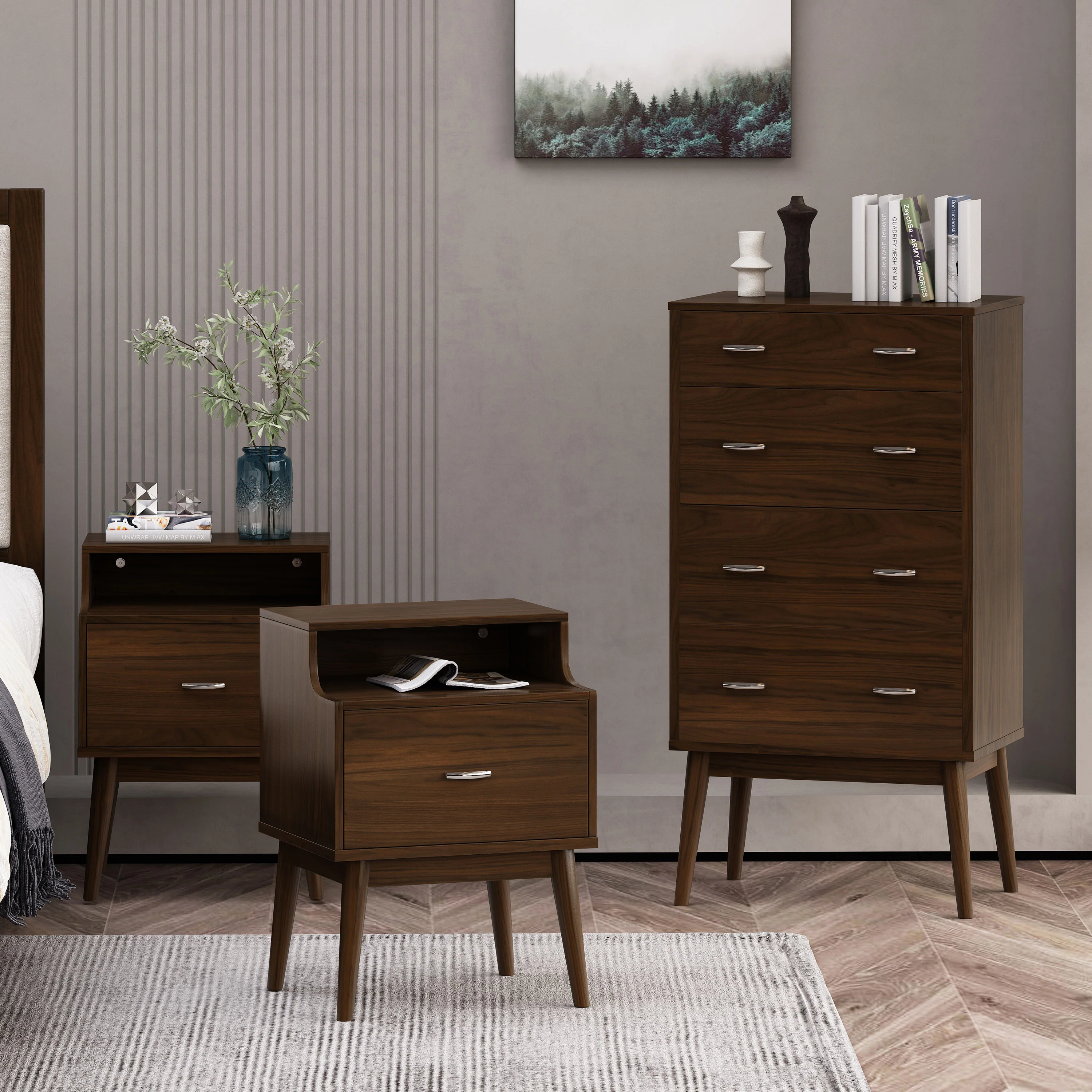 Wilbur Mid Century Wooden 3 Piece 4 Drawer Dresser and Nightstand Bedroom Set - furnishings