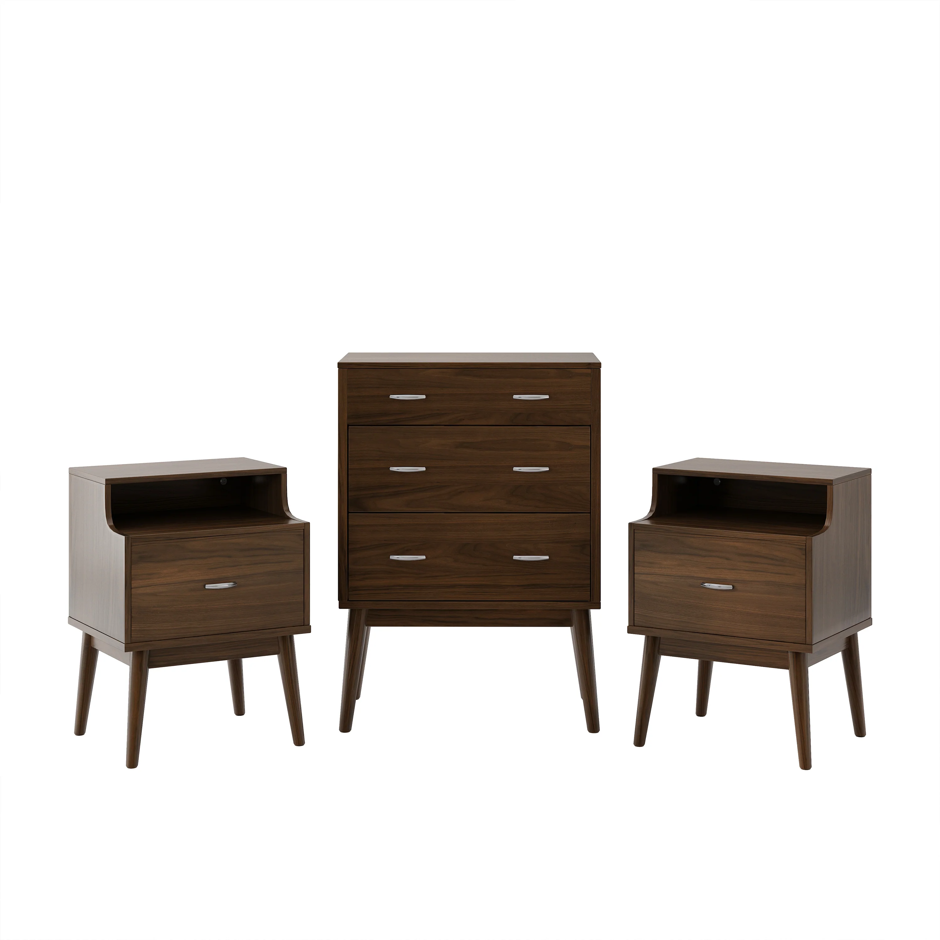 Wilbur Mid Century Wooden 3 Piece 3 Drawer Dresser and Nightstand Bedroom Set - furnishings