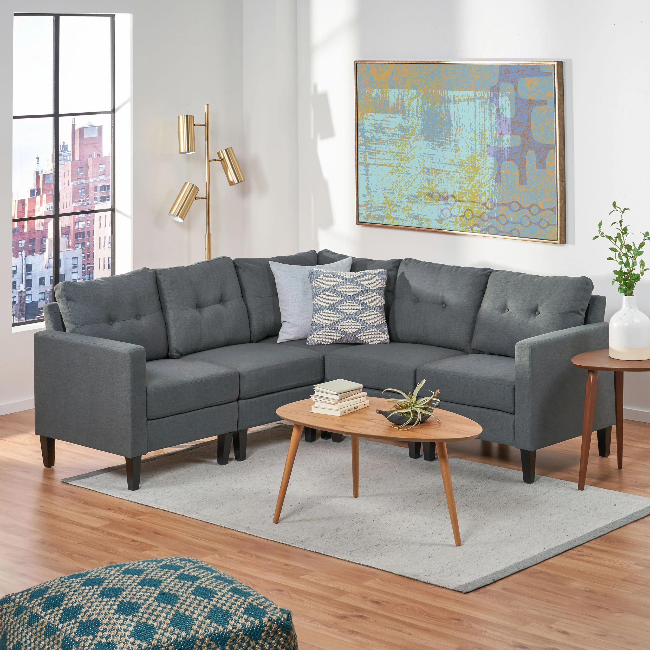 Niya Mid Century Modern 5 Piece Fabric Sectional Sofa - furnishings