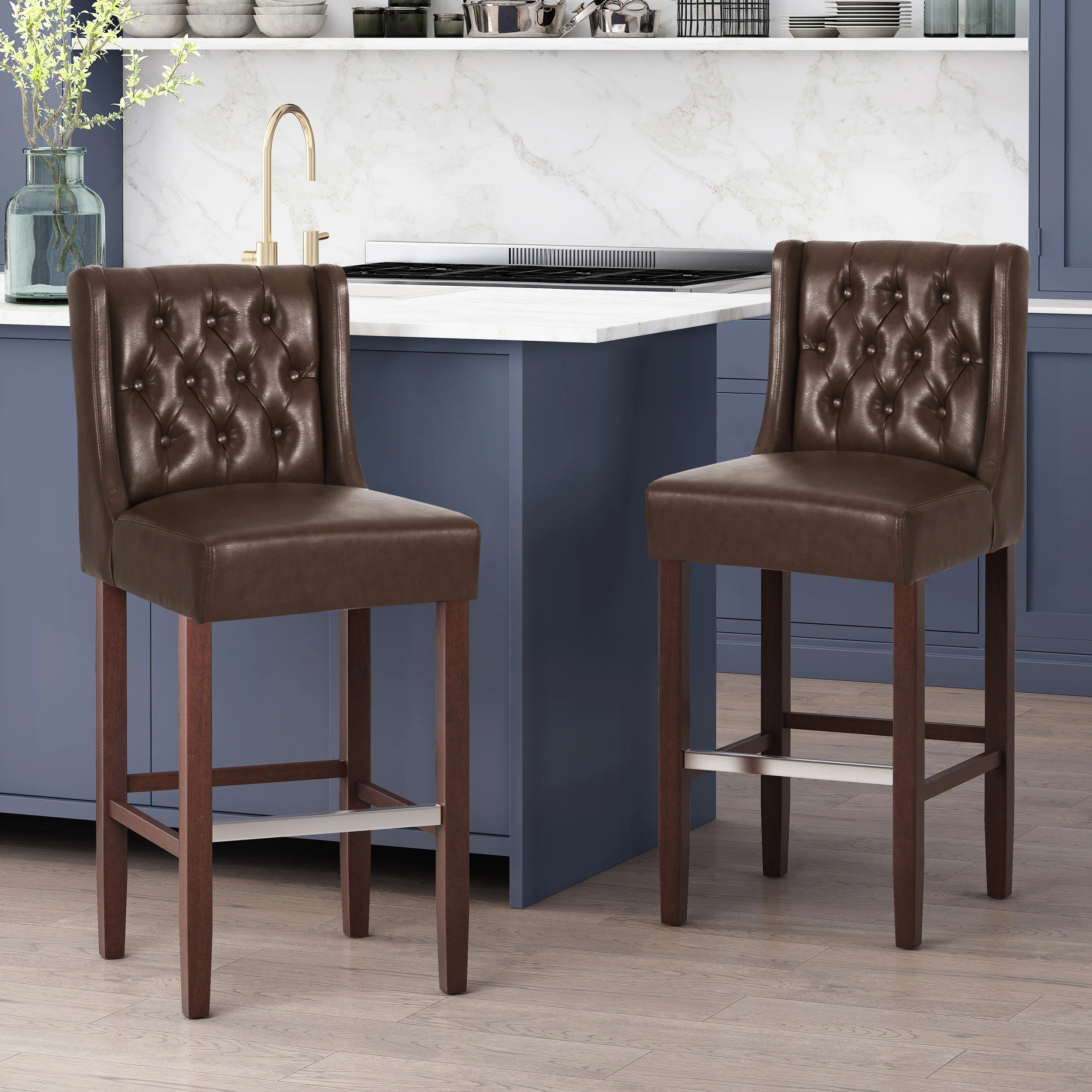 Leeandre Contemporary Wingback Faux Leather Barstools (Set of 2) - furnishings