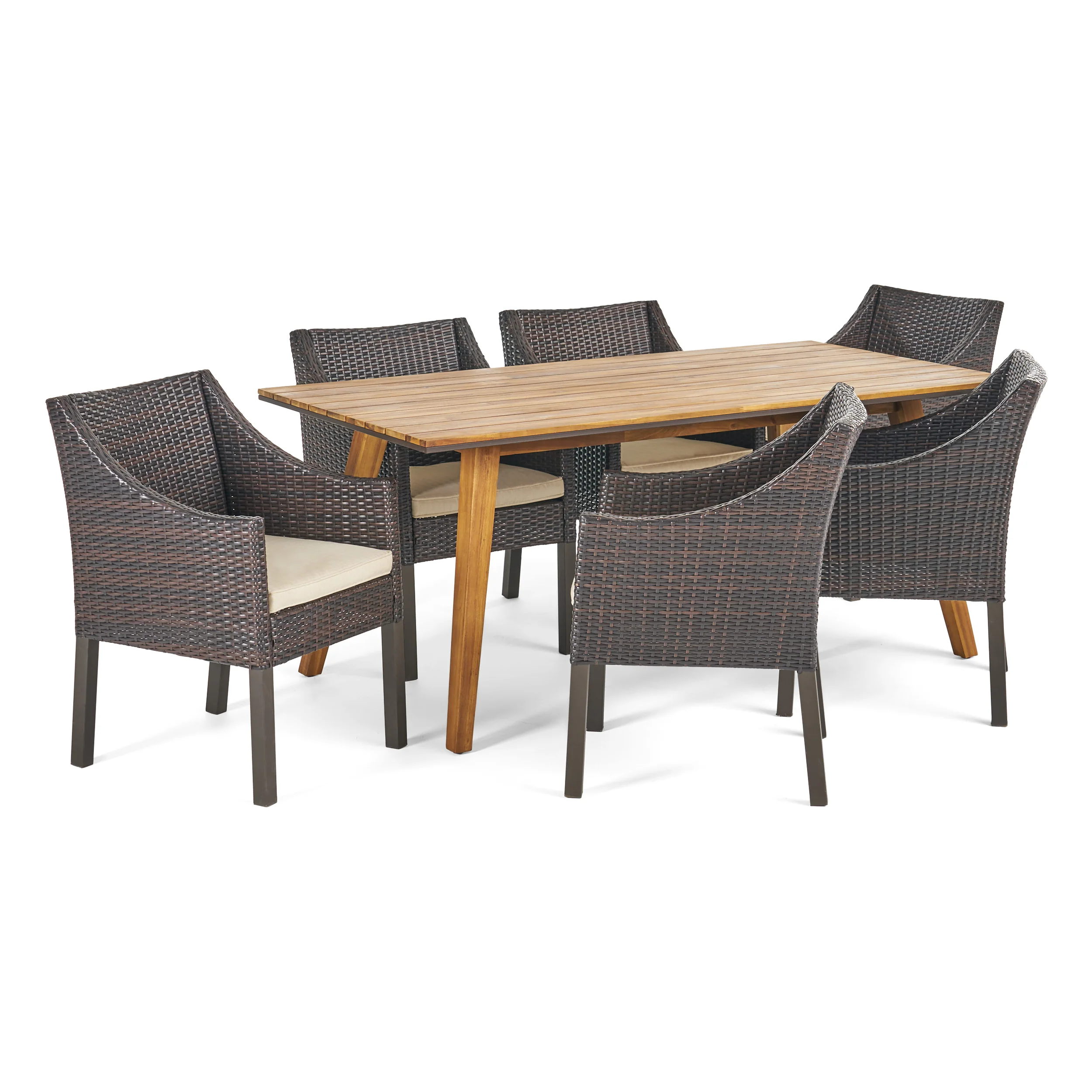 Hedy Outdoor 7 Piece Acacia Wood Dining Set with Wicker Chairs, Teak and Multi Brown and Beige - furnishings
