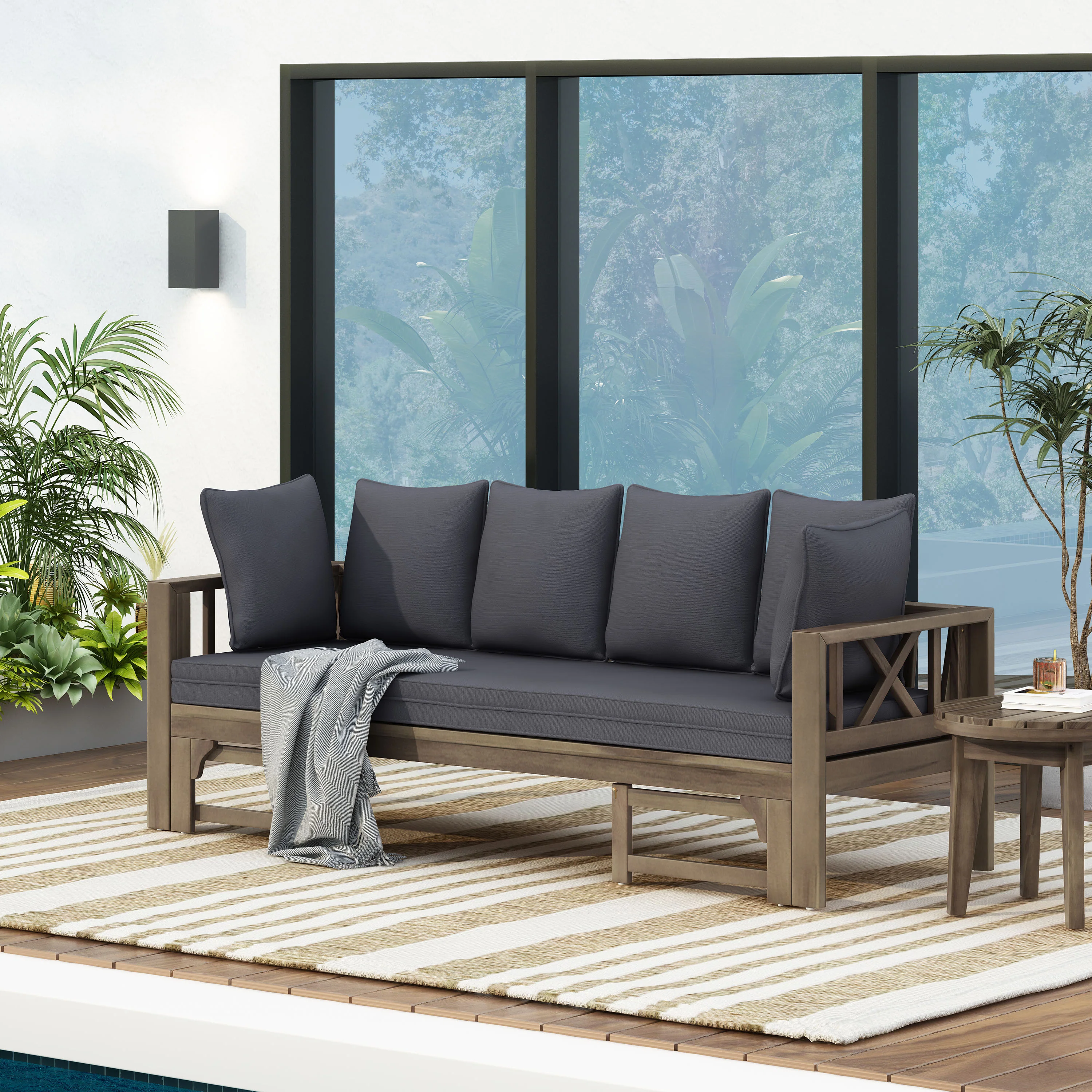 Camille Outdoor Extendable Acacia Wood Daybed Sofa - furnishings