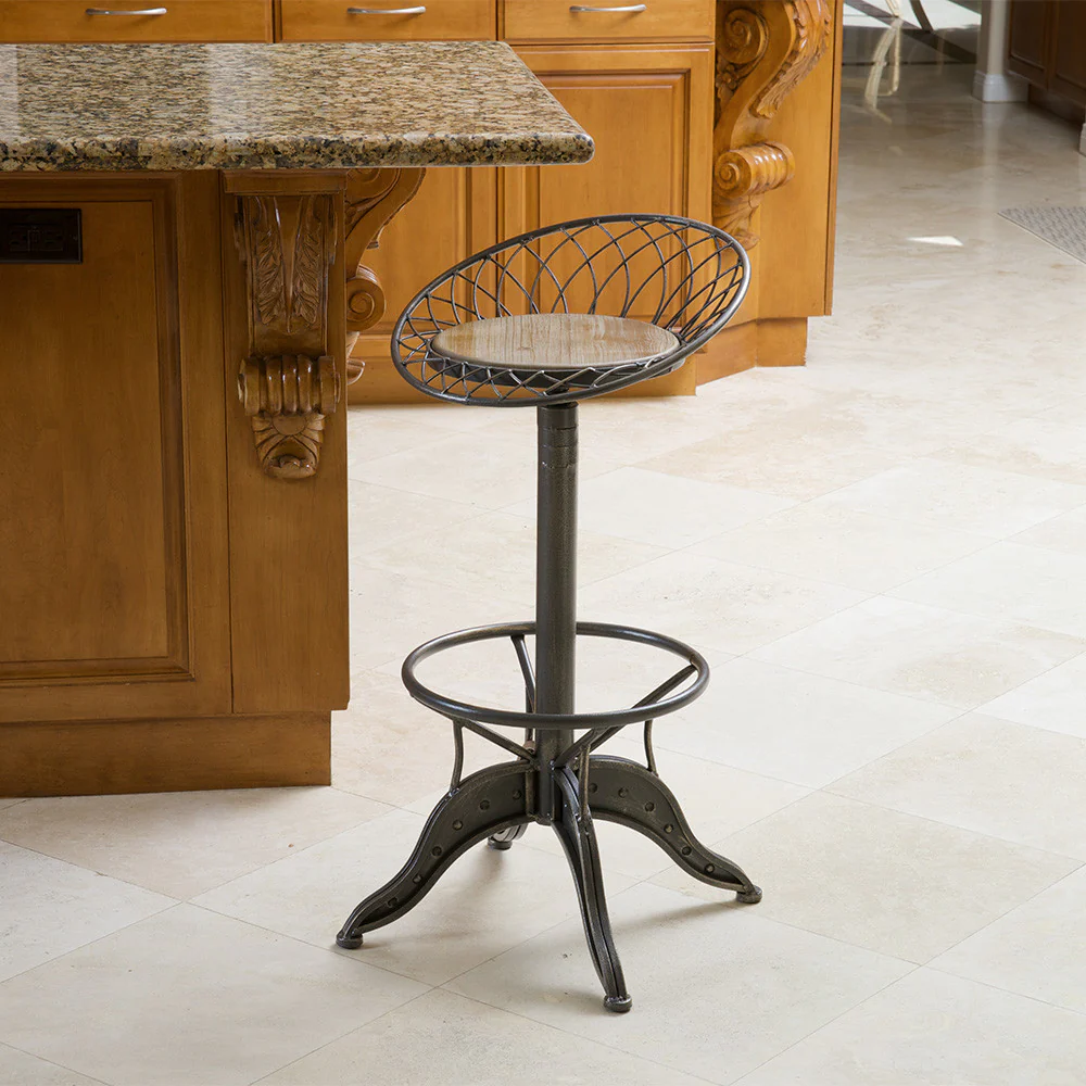 Bethpage Industrial Firwood Adjustable Height Bar Stool, Gray, Brass, and Natural - furnishings