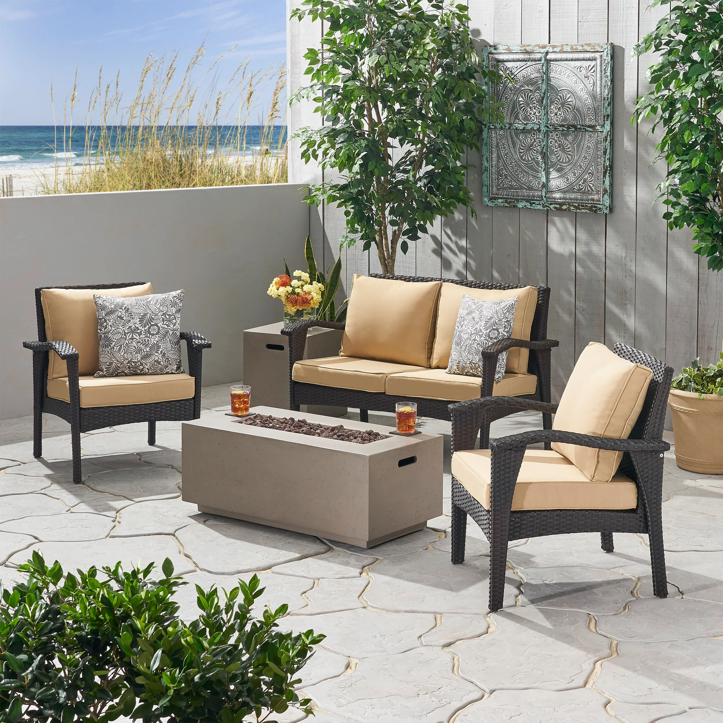 Alanny Outdoor 4 Seater Wicker Chat Set with Fire Pit - furnishings