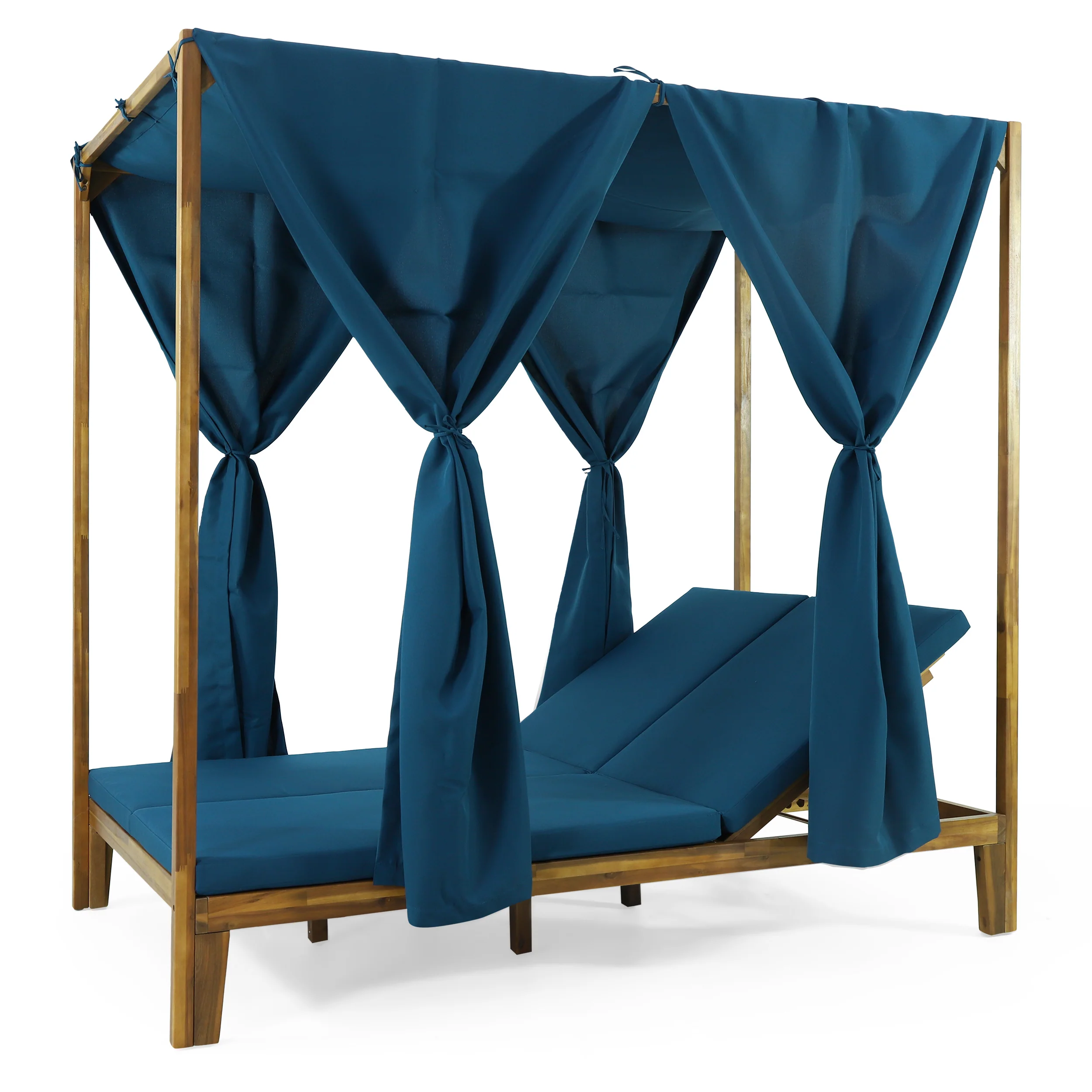 Leaverton Outdoor 2 Seater Adjustable Acacia Wood Daybed with Curtains - furnishings