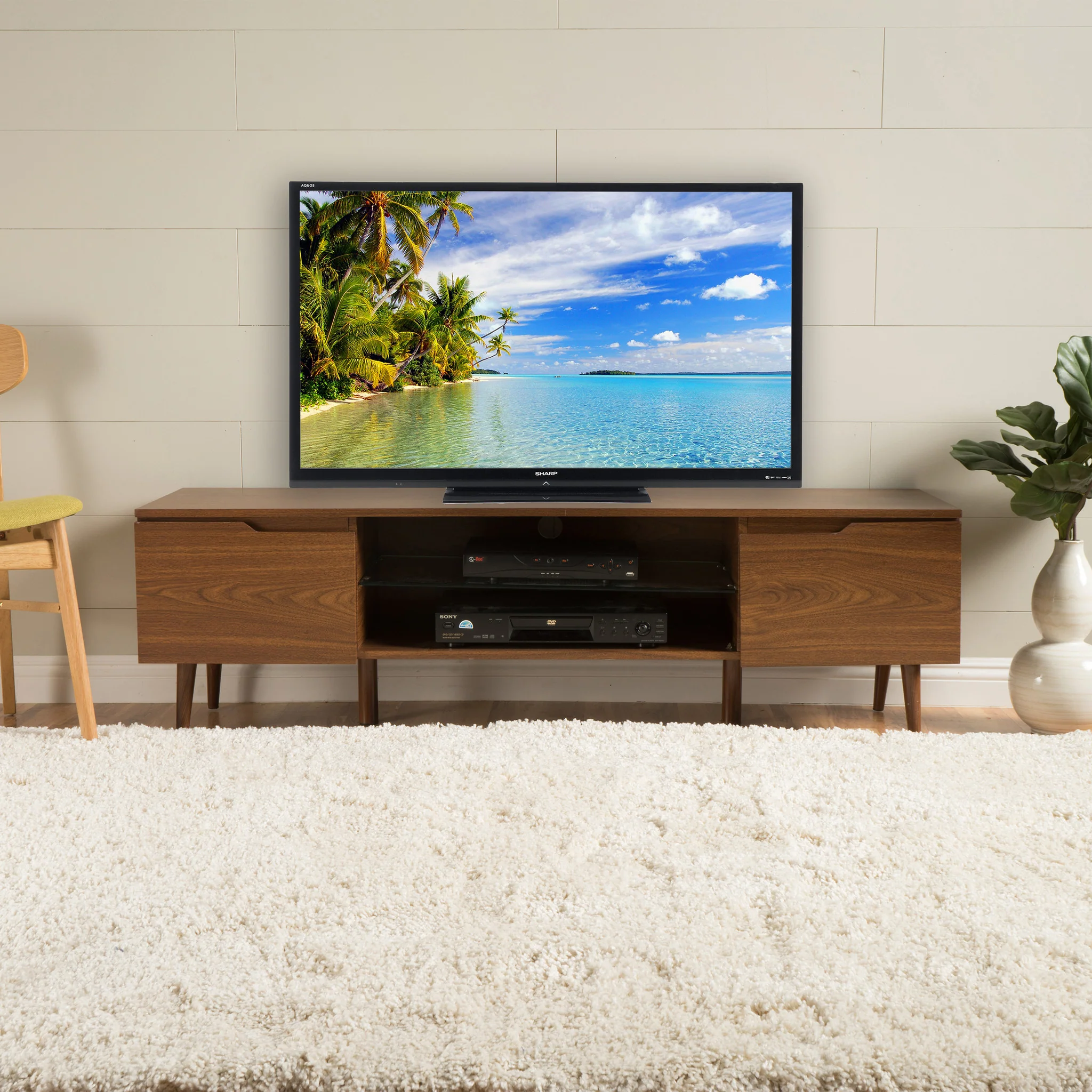 Reginald Mid Century Modern 2 Cabinets & Glass Shelf TV Stand - furnishings