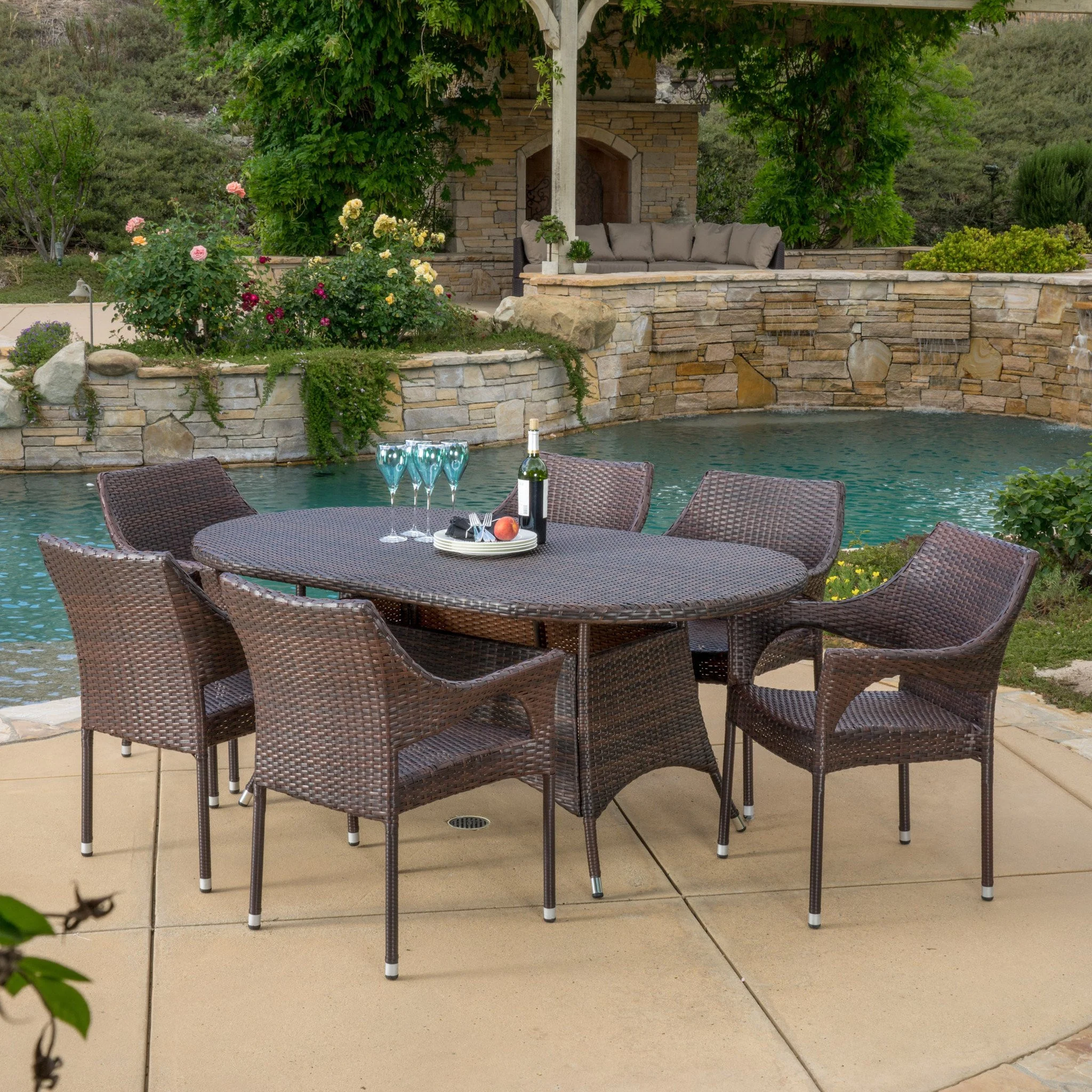 Clayton Outdoor 7pc Multibrown Wicker Round Dining Set - furnishings