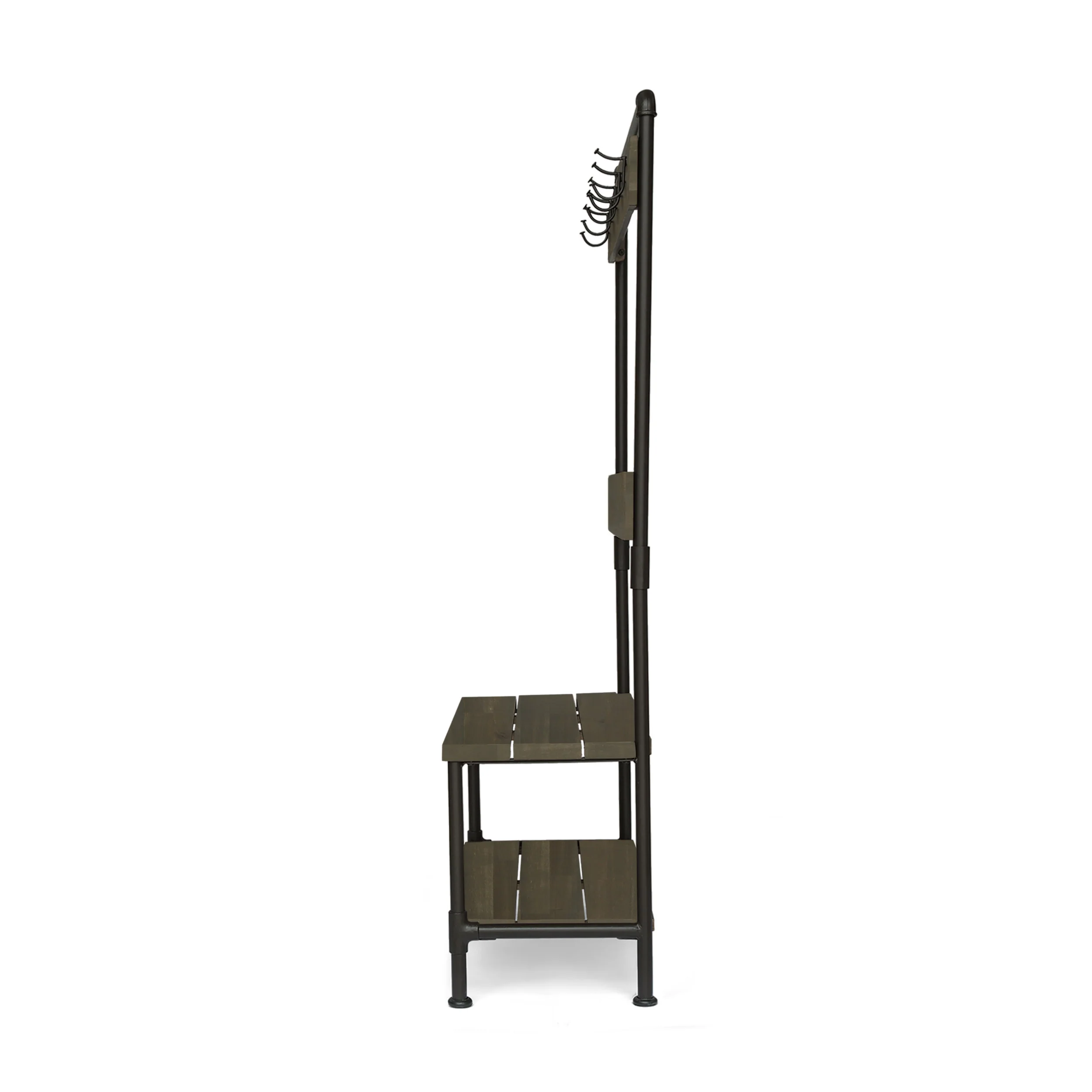 Dahl Outdoor Industrial Acacia and Iron Bench with Shelf and Coat Hooks - furnishings