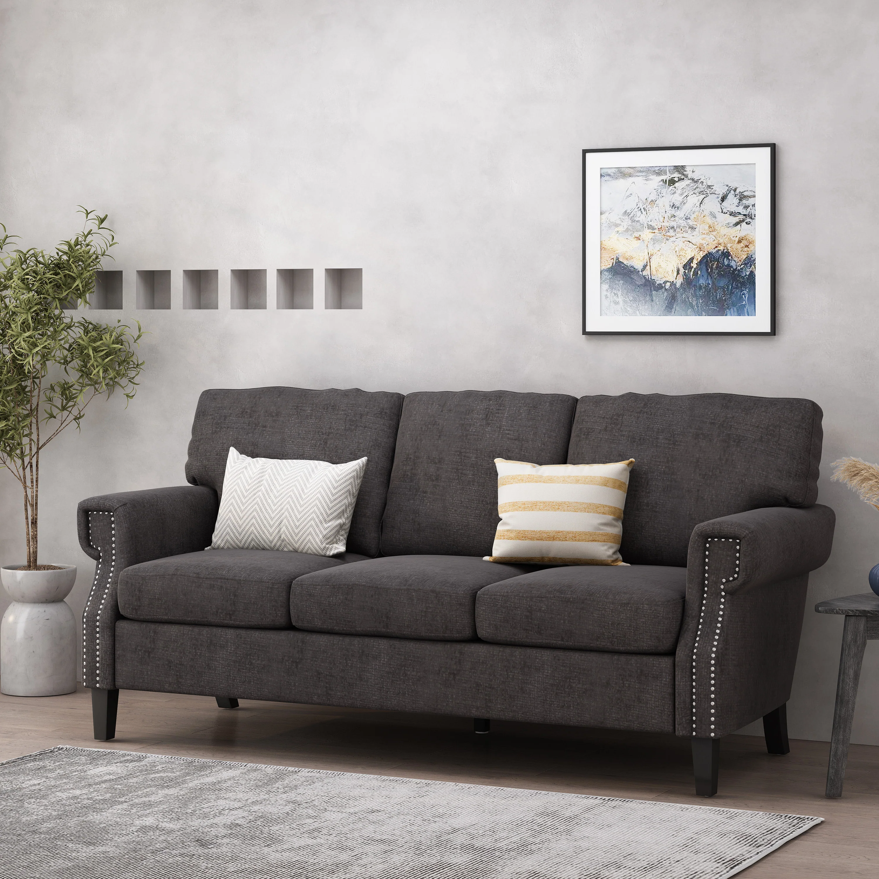 Dobles Contemporary Fabric 3 Seater Sofa with Nailhead Trim - furnishings