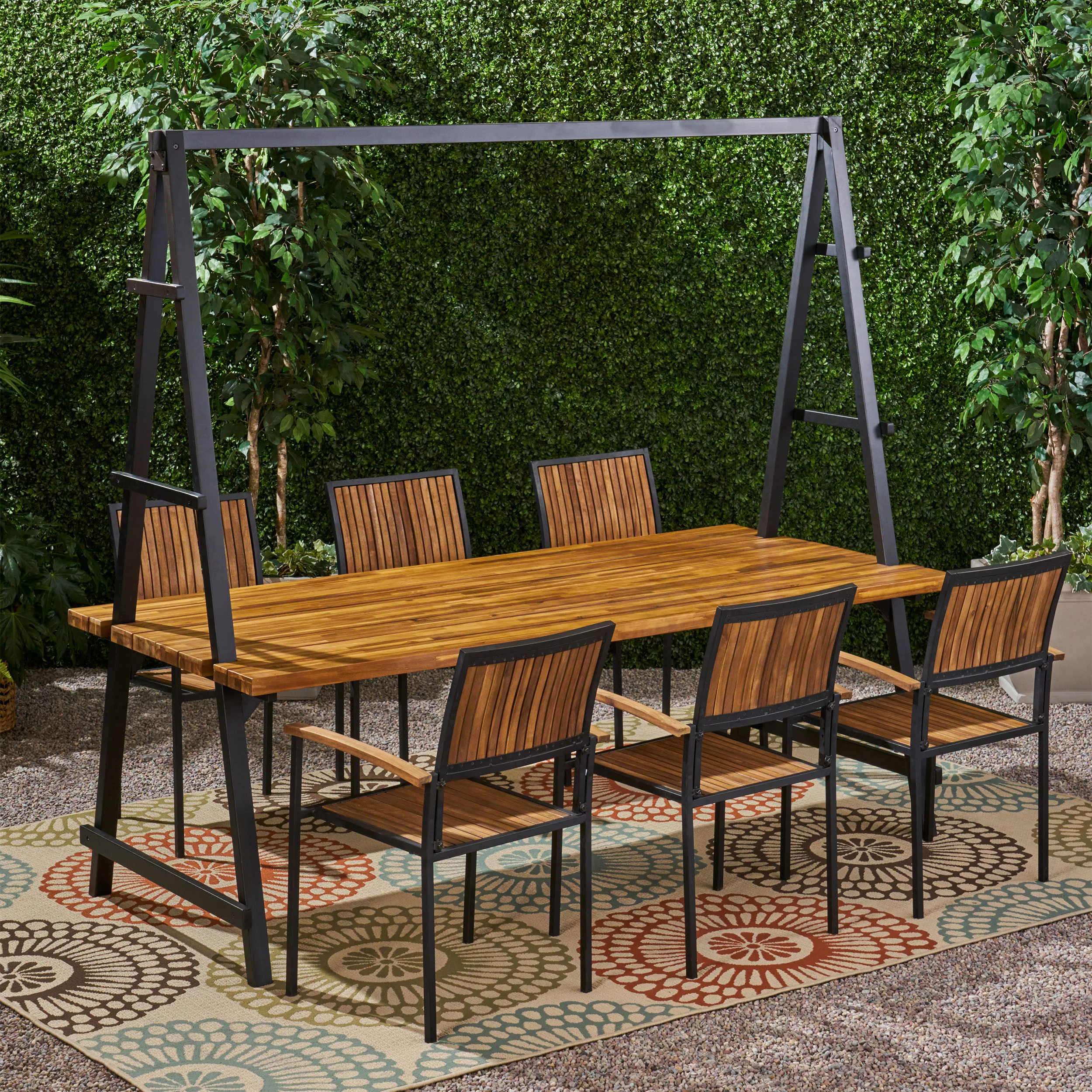 Durban Outdoor 6 Seater Acacia Wood and Iron Planter Dining Set - furnishings