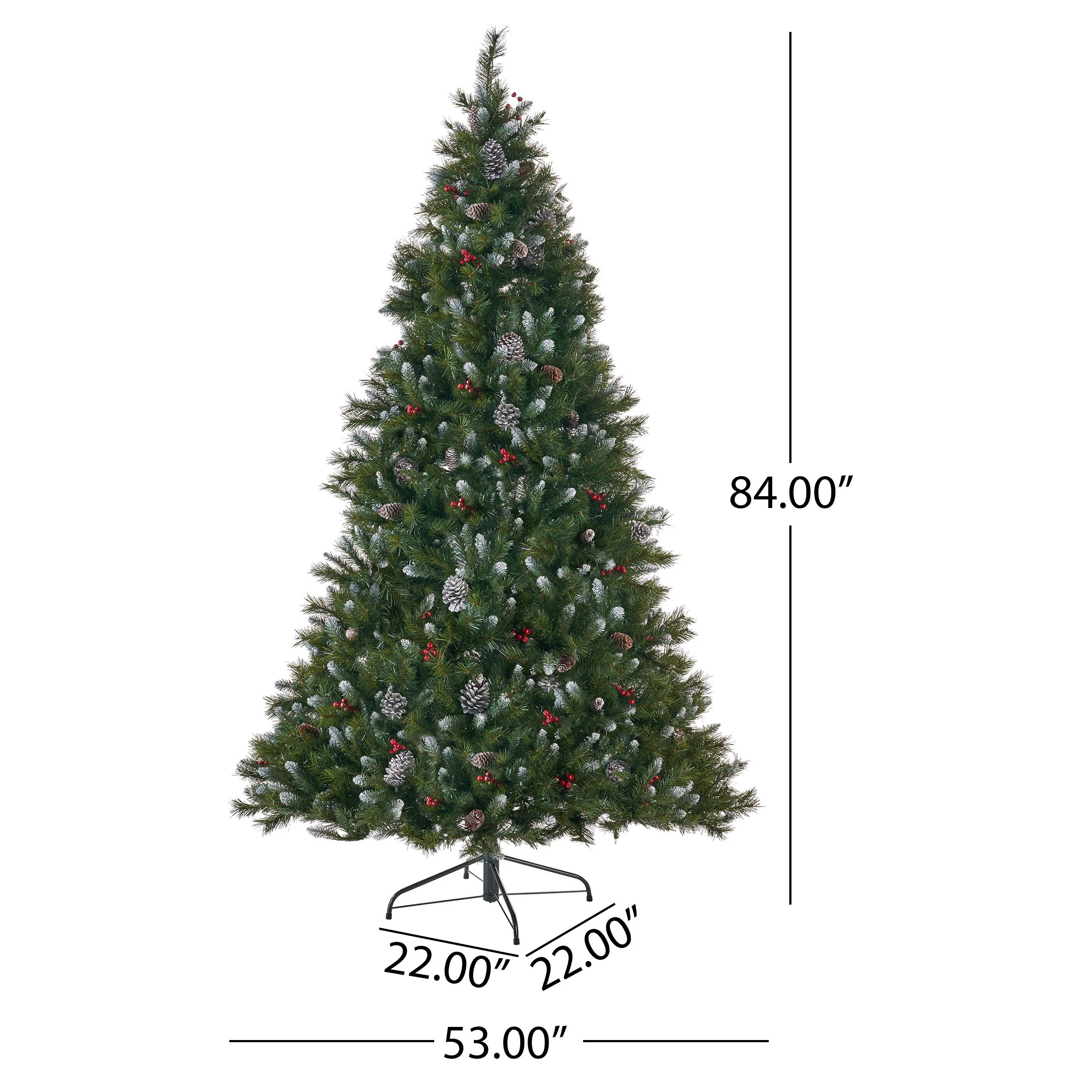 7-foot Mixed Spruce Hinged Artificial Christmas Tree with Frosted Branches, Red Berries, and Frosted Pinecones - furnishings