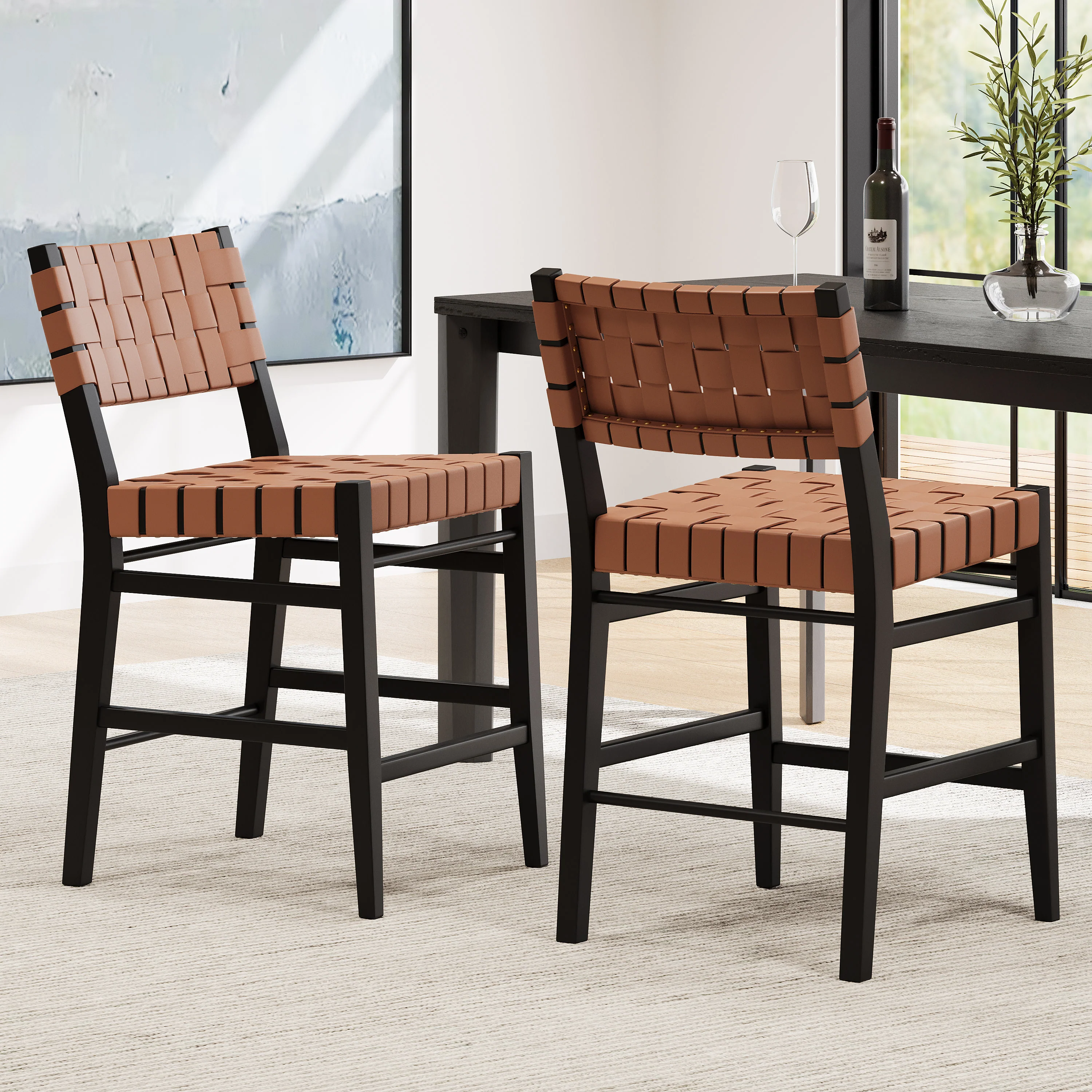 Zephyre Modern Black PU and Wood Counter Stools, Set of 2 - furnishings