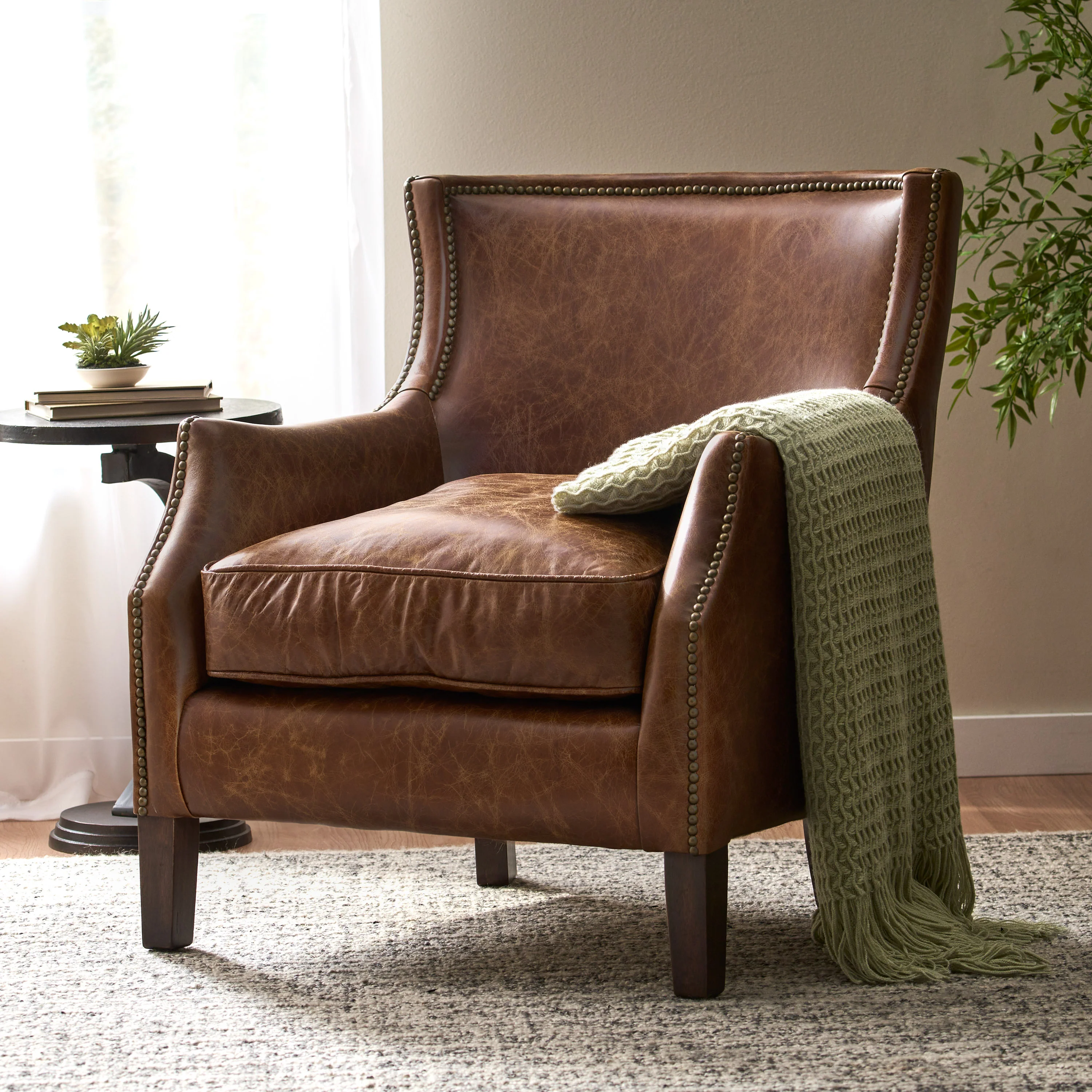Napier Brown Top Grain Leather Upholstered Club Chair with Nailhead Trim - furnishings
